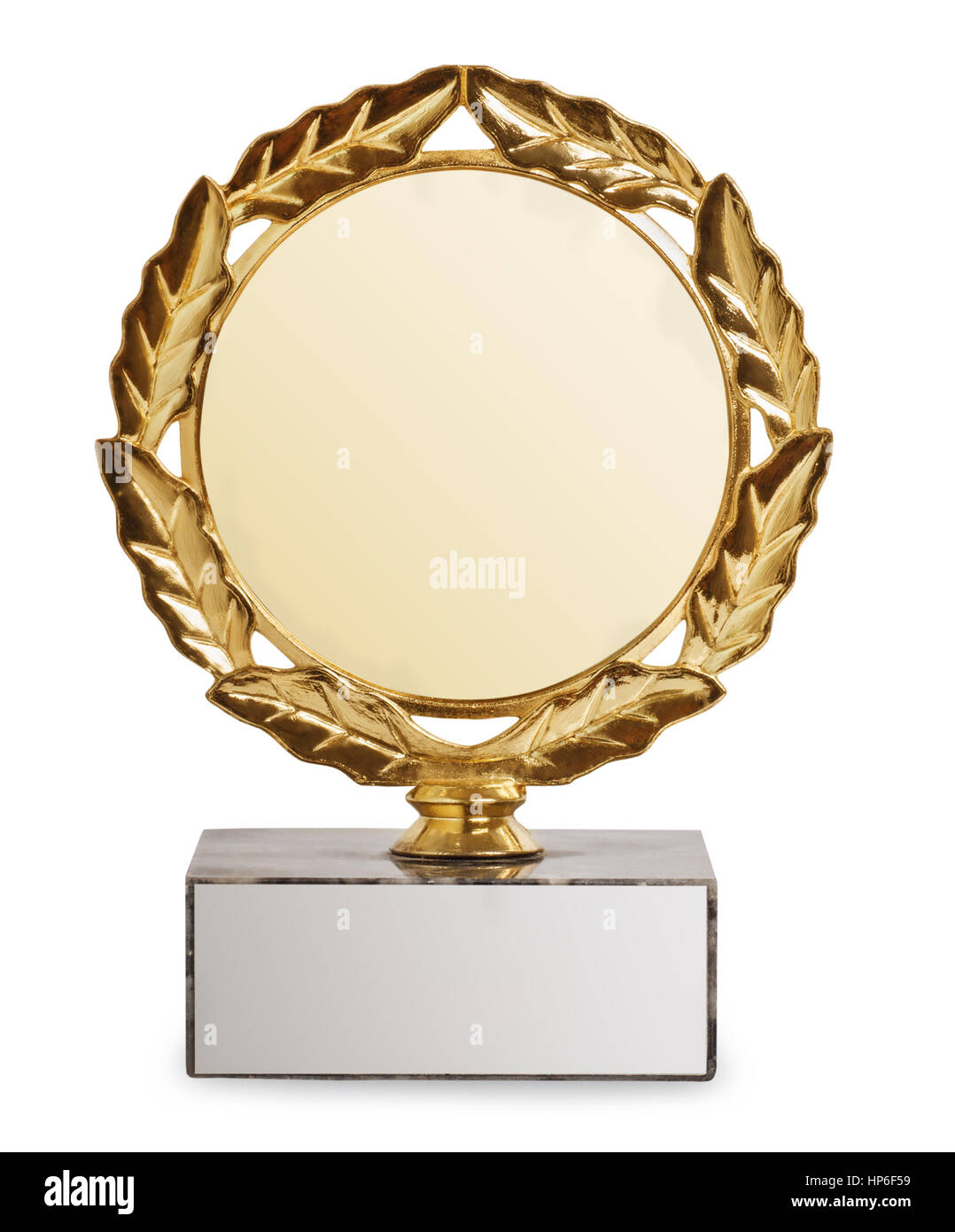 gold trophy with laurel wreath isolated on white background. Sports