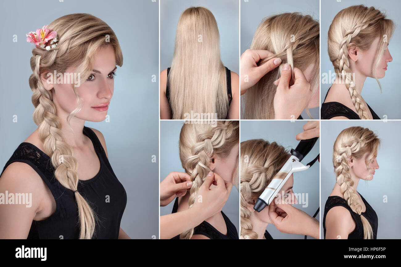 simple braid hairstyle tutorial. Romantic evening hairstyle for long hair.  Blond model with braid hairstyle with fresh flowers Stock Photo - Alamy