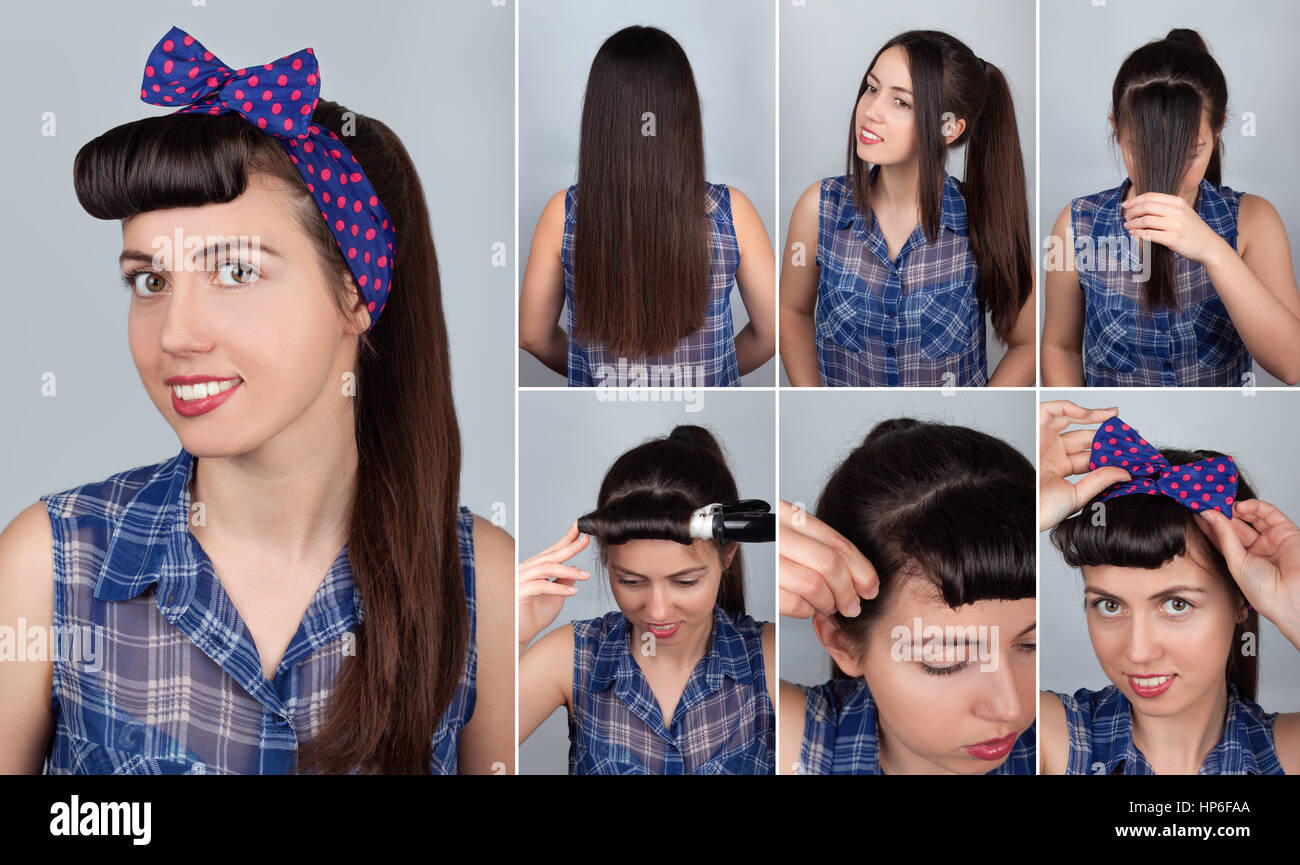 simple hairstyle pony tail tutorial for woman. Hairstyle for long hair.  Pin-up style Stock Photo - Alamy