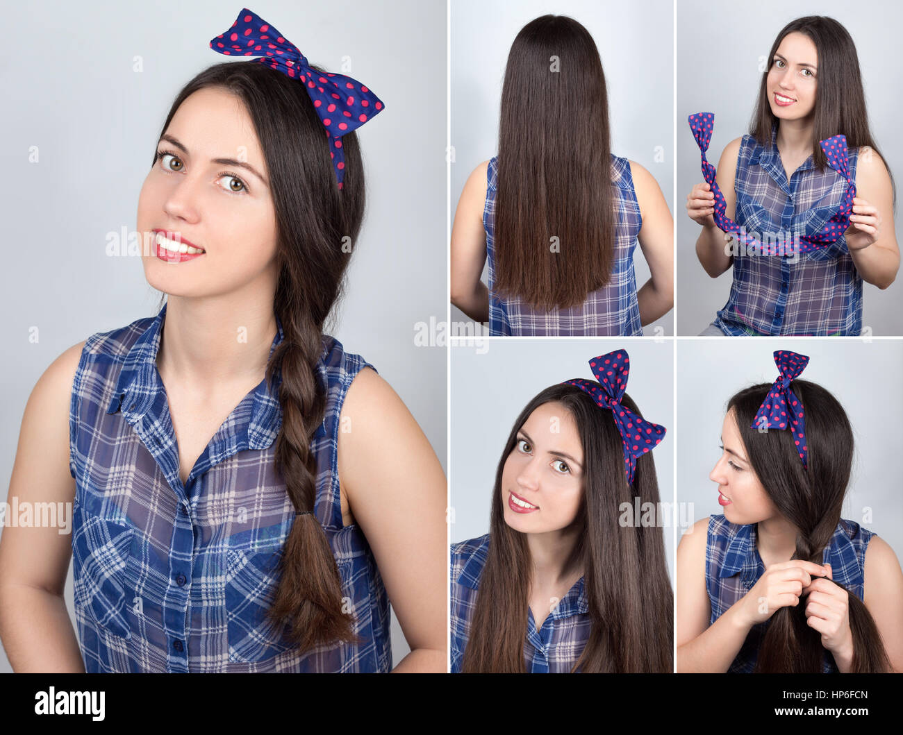 hair tutorial. Plait hairstyle. Hairstyle pin-up style tutorial. Hairdo one  plait Stock Photo - Alamy
