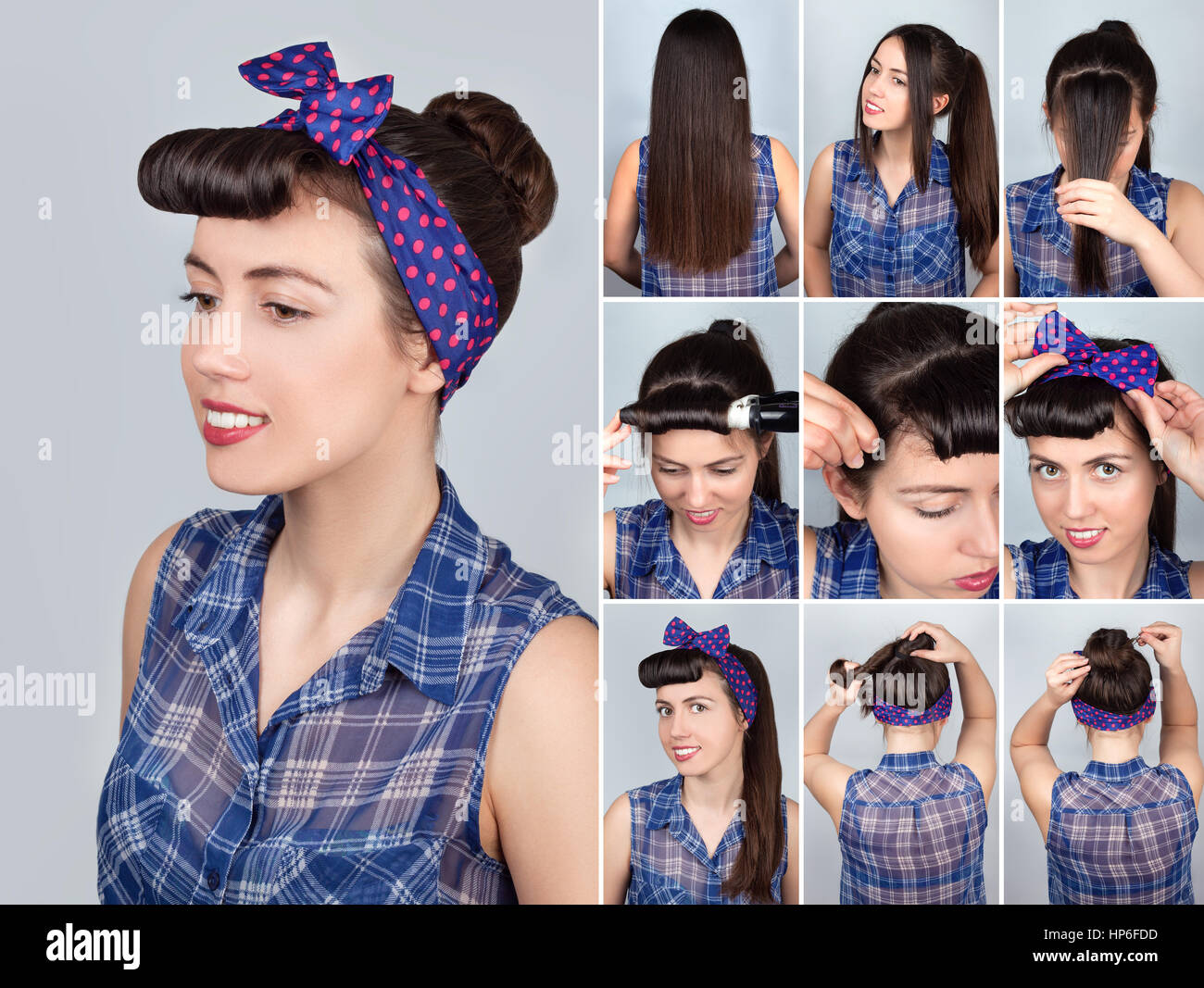 simple hairstyle bun tutorial for woman. Hairstyle for long hair. Pin-up  style Stock Photo - Alamy