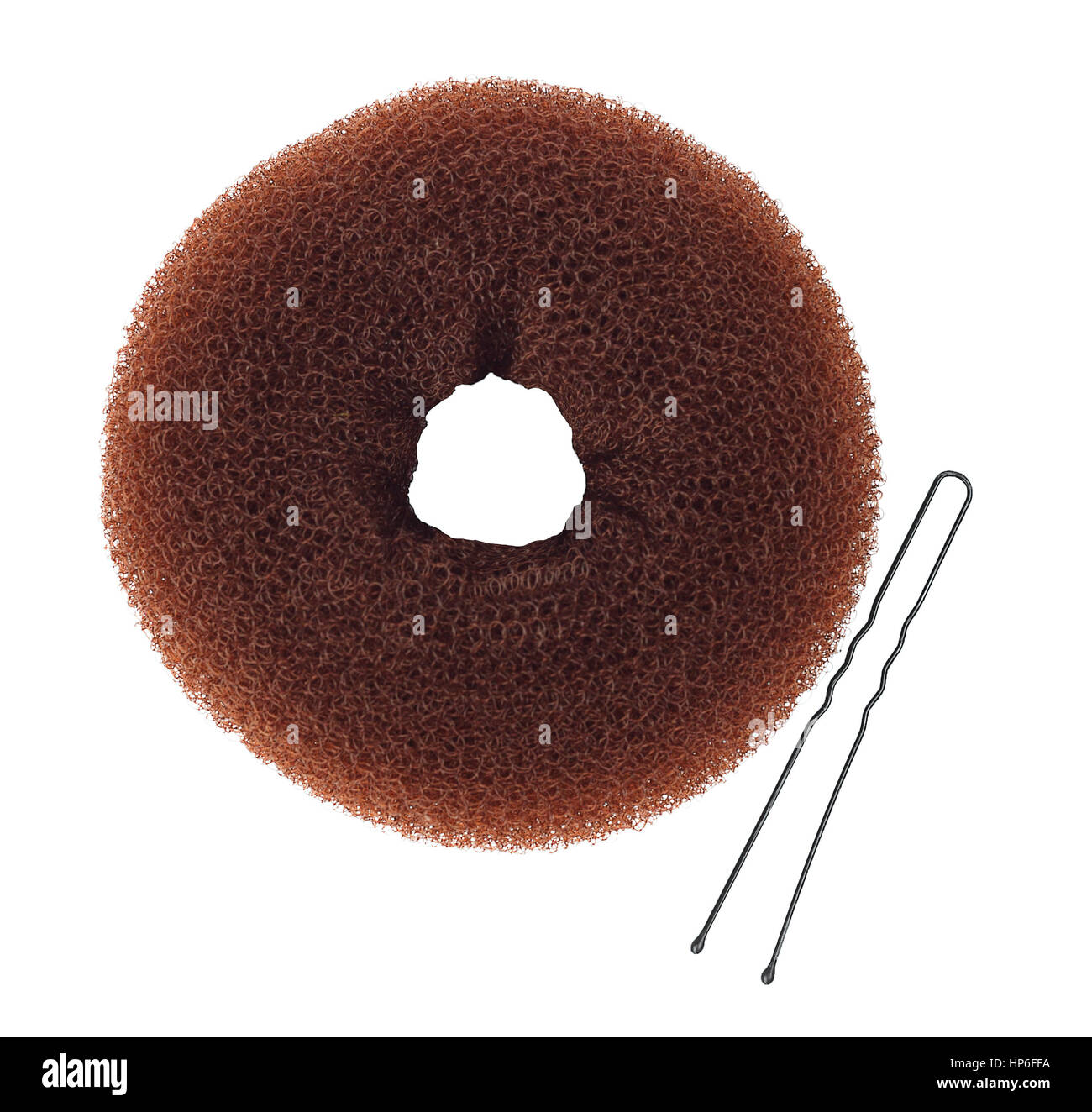 chignon donut bun maker with hairpin isolated on white background top view. Donut for hair style bun Stock Photo