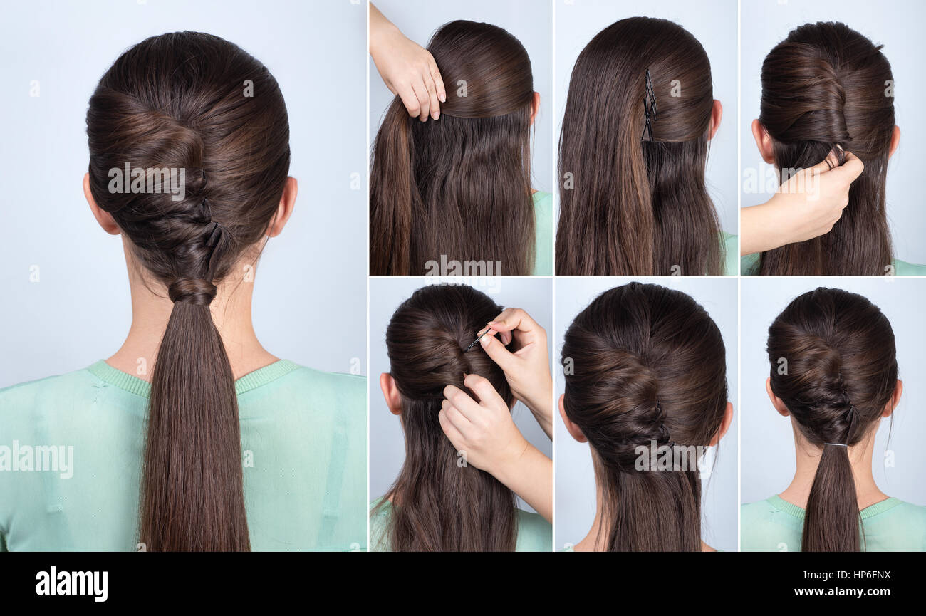 simple hairstyle ponytail with twist hair tutorial step by step. Hairstyle  for long hair. Hairstyle tutorial Stock Photo - Alamy