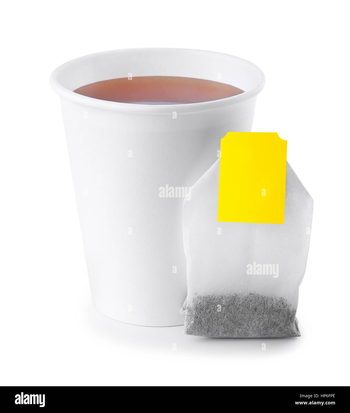 black tea in takeaway cup with tea bag isolated on white background