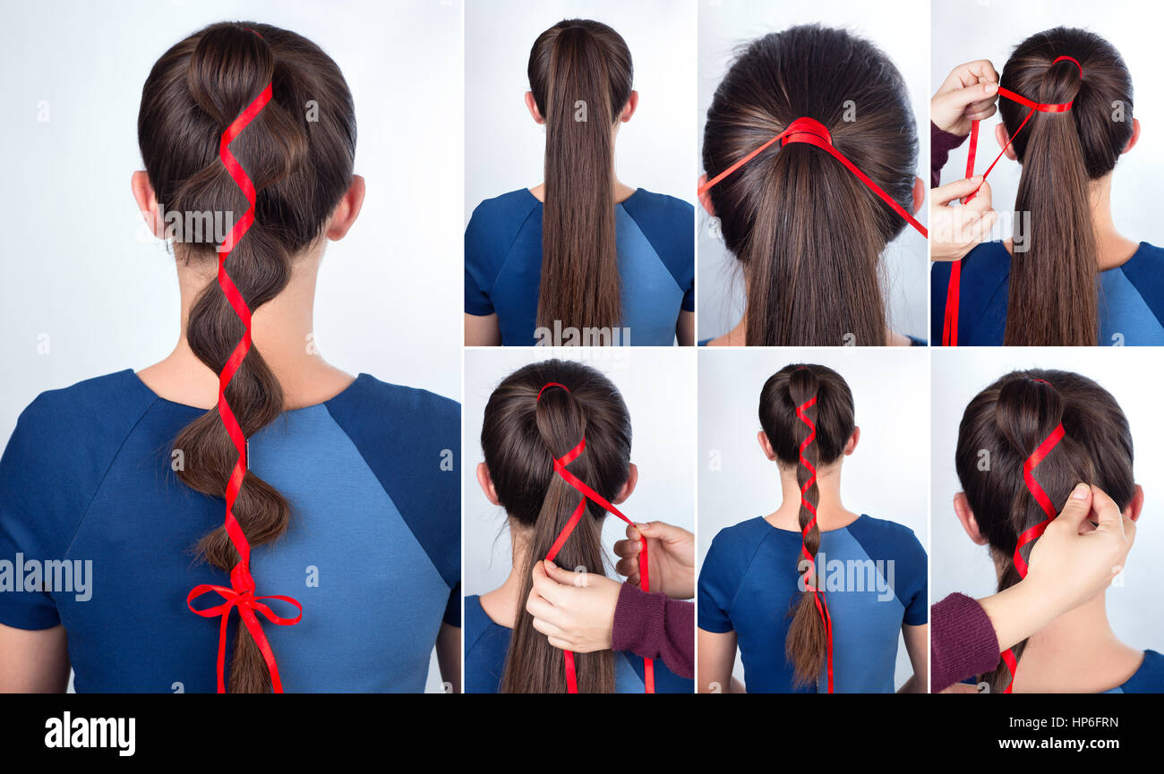Hairstyle for long hair. Simple braid hairstyle with red tape for  celebration new year. Hairstyle. Tutorial. Hair model. Holiday party hair  Stock Photo - Alamy