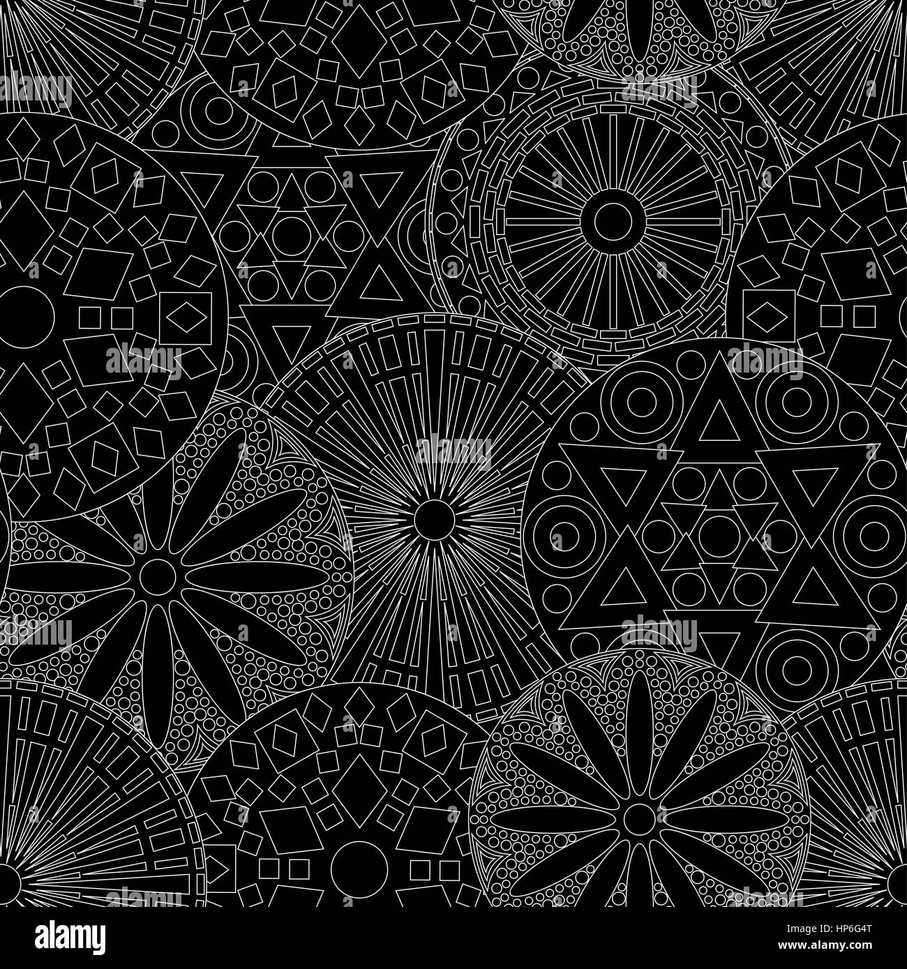 Black and white seamless floral pattern with various stylized geometric ...