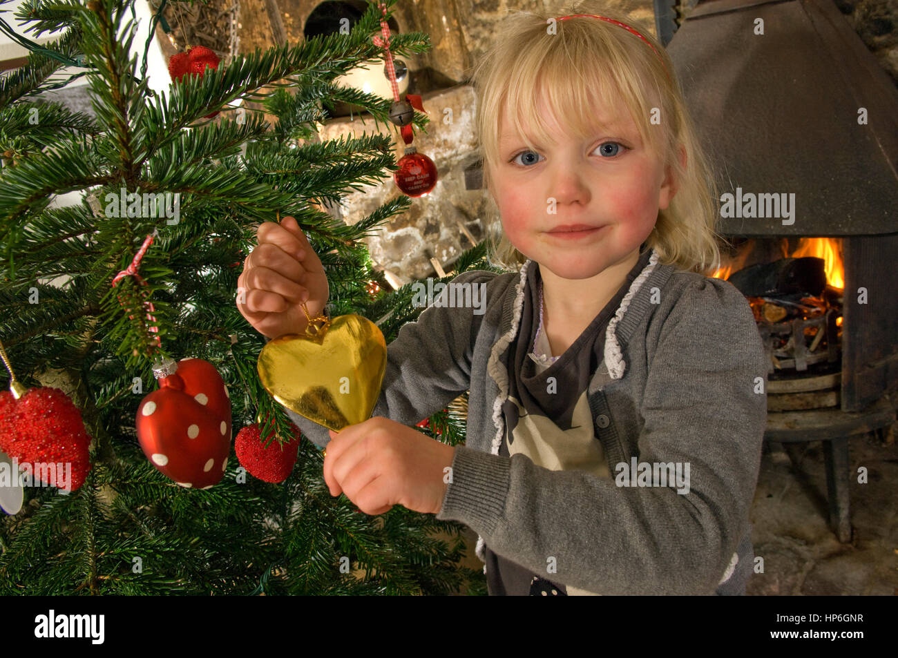 Milly Tatham decorating a traditional Christmas tree in a cottage in Devon Stock Photo