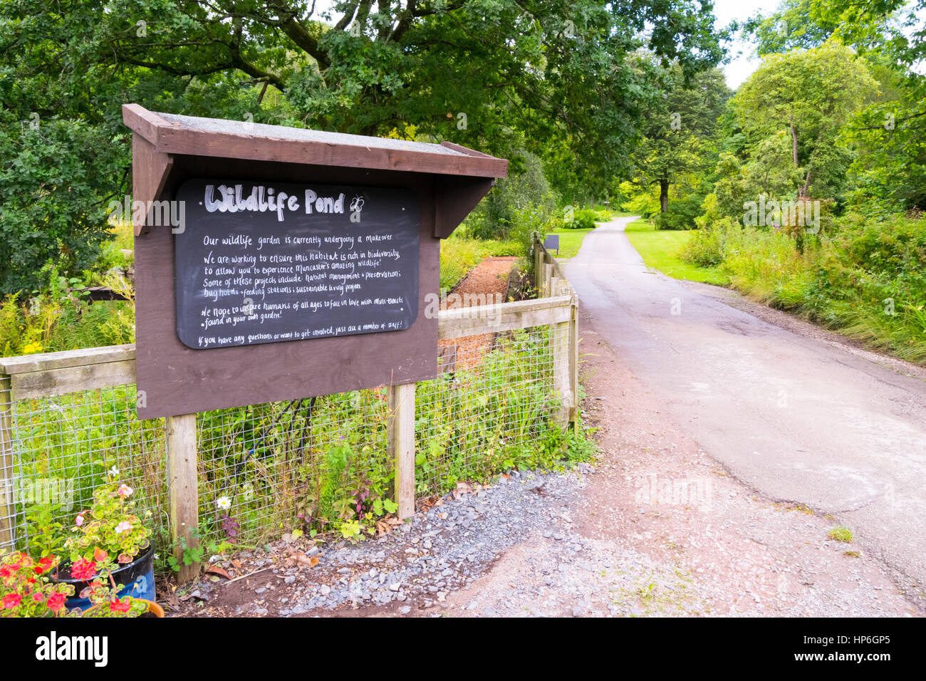 The Wildlife Pond notice board at Muncaster Castle, Ravenglass, UK Stock Photo