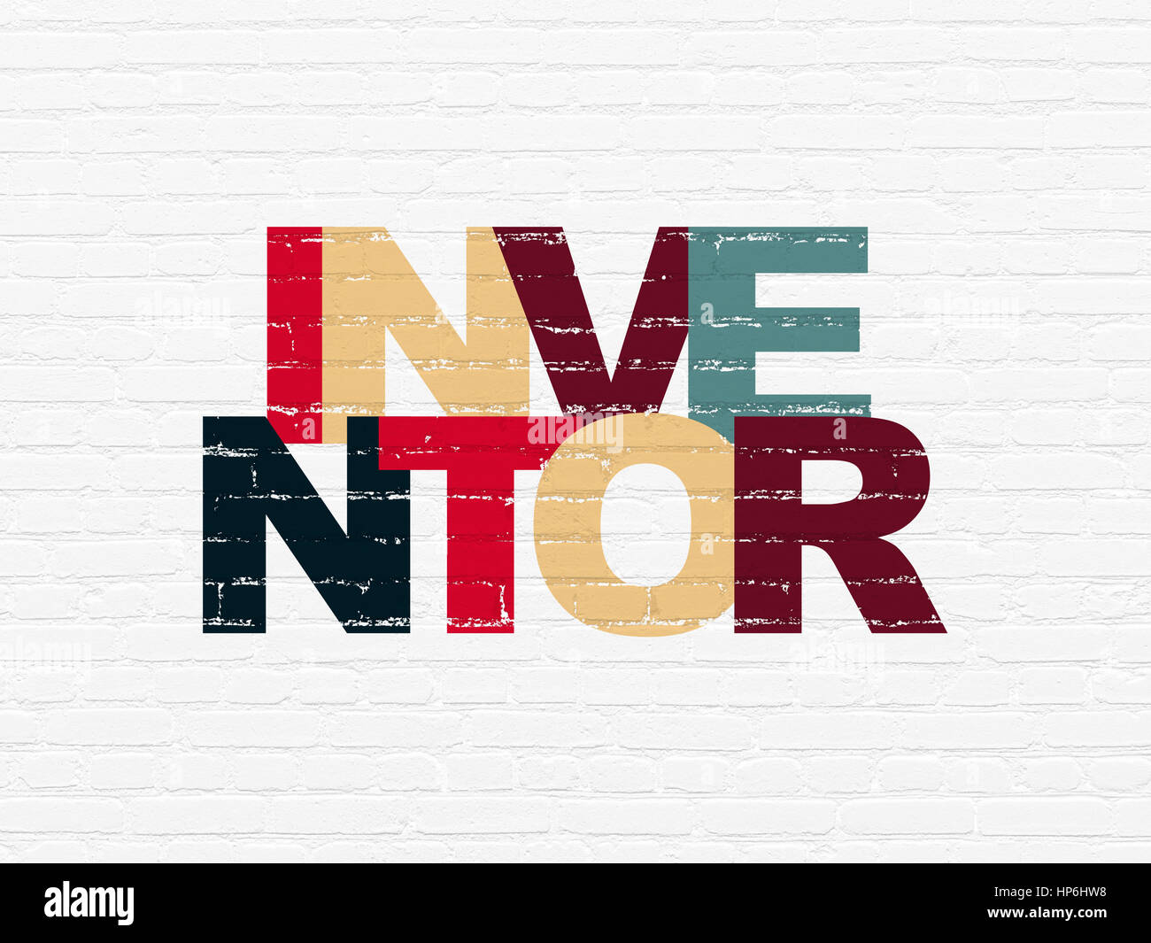 The Inventor Lettering Science concept: Painted multicolor text Inventor on White Brick wall ...
