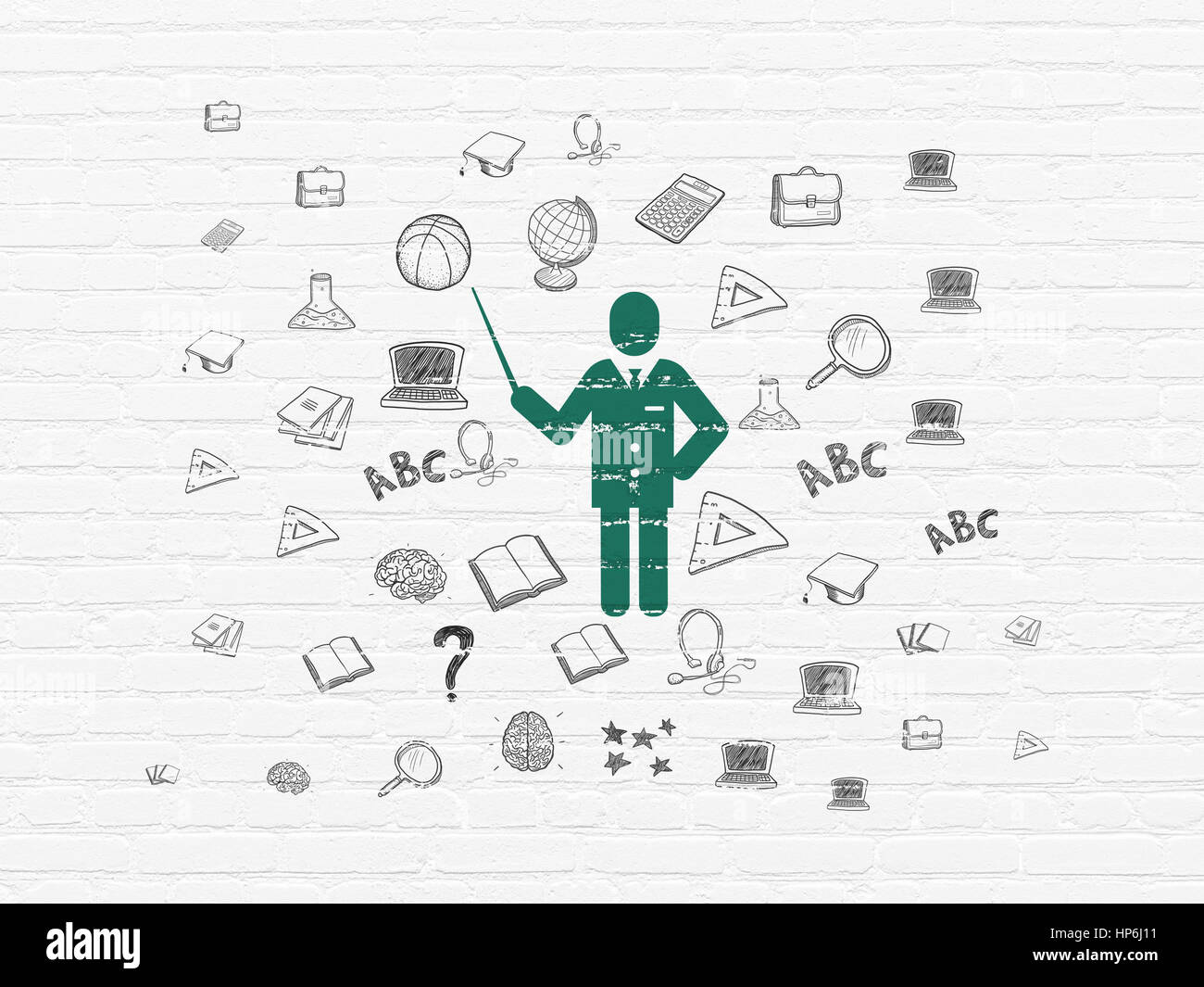 Education concept: Painted green Teacher icon on White Brick wall ...