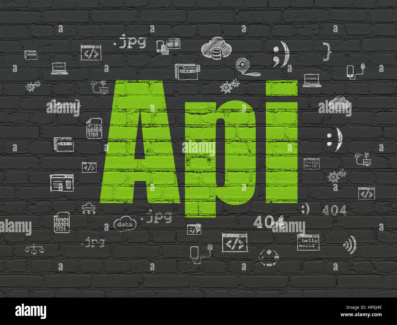 Database concept: Painted green text Api on Black Brick wall background ...