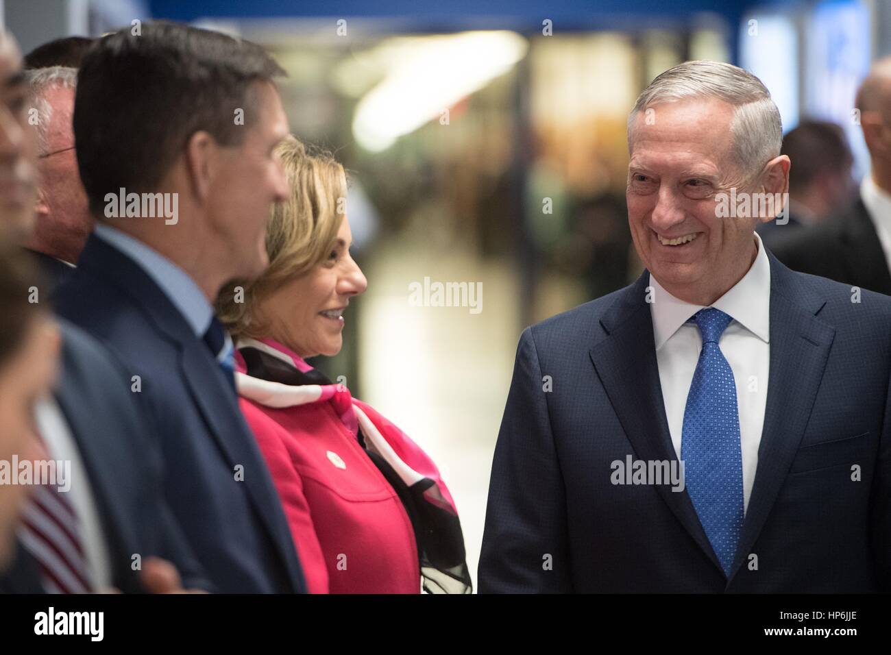 U.S. Secretary of Defense James Mattis smiles as he welcomes Homeland Security Secretary John Kelly, left, during a swearing-in ceremony at the Pentagon January 27, 2017 in Washington, DC. Stock Photo