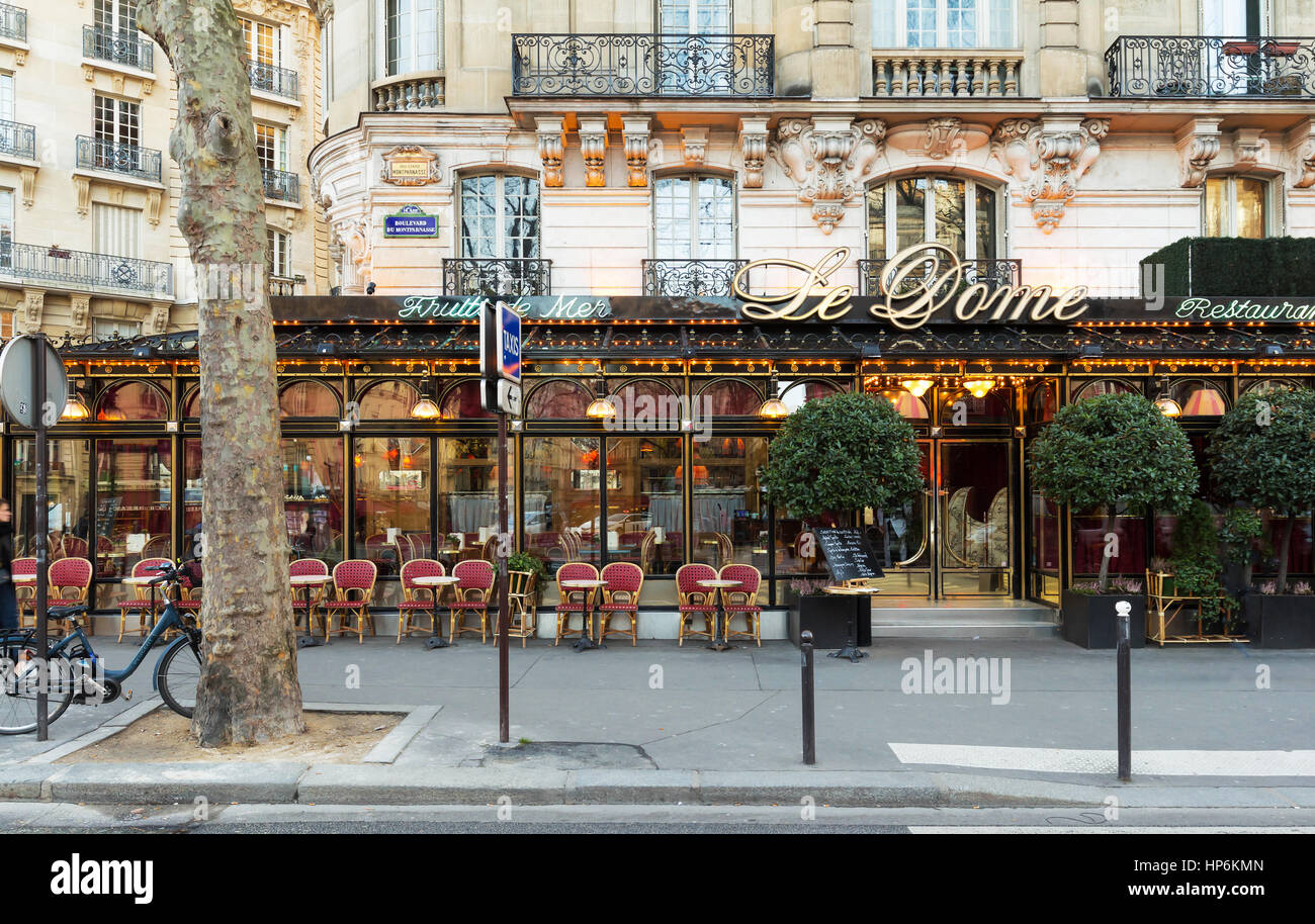 paris, France-February 15, 2017 : The famous restaurant Le Dome on Montparnasse boulevard in Paris. Opened in 1898 it was frequented by famous sculpto Stock Photo
