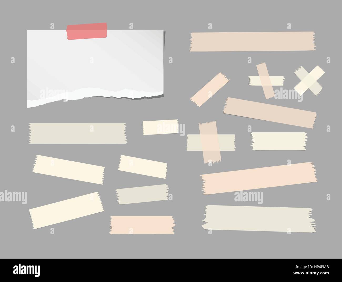 Ripped white notebook, copybook, note paper strip, brown sticky ...