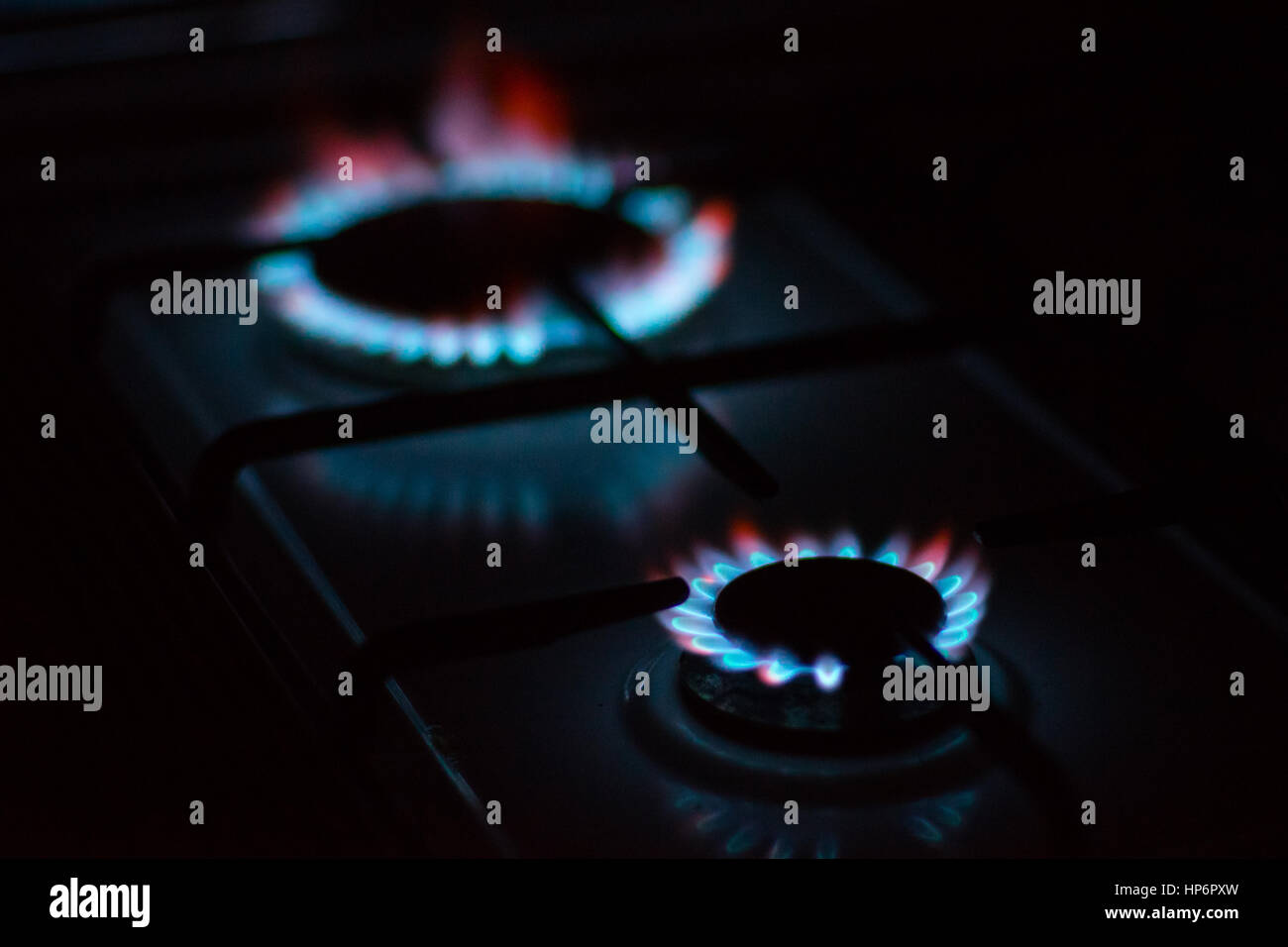 Flames of gas burners on stove Stock Photo Alamy