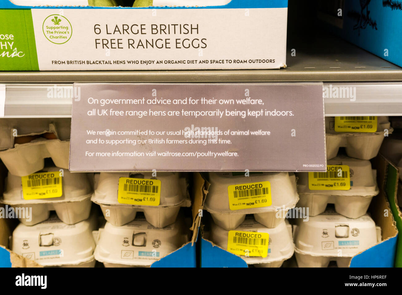 Sign in Waitrose supermarket says that free range hens are currently kept indoors. Due to a temporary housing order as precaution against Avian flu. Stock Photo