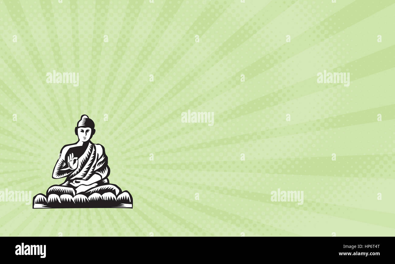 Business card showing Illustration of a Gautama Buddha, Siddhartha Gautama, Shakyamuni Buddha in lotus position viewed from front set on isolated whit Stock Photo