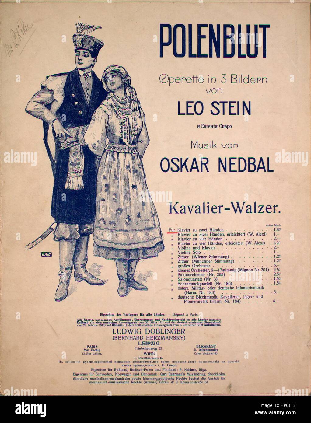 Sheet music cover image of the song 'Kavalier-Waltzer', with original authorship notes reading 'Musik von Oskar Nedbal', 1913. The publisher is listed as 'Ludwig Doblinger (Berhard Herzmansky)', the form of composition is 'sectional', the instrumentation is 'piano', the first line reads 'None', and the illustration artist is listed as 'None'. Stock Photo