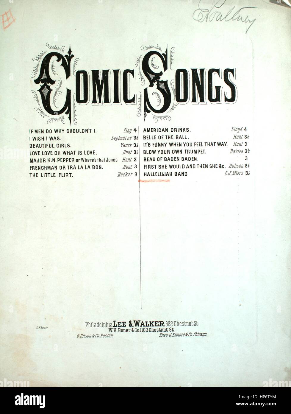Sheet music cover image of the song 'Comic Songs Hallelujah Band', with original authorship notes reading 'Arranged by Charles J Miers', United States, 1870. The publisher is listed as 'Lee and Walker, 922 Chestnut St.', the form of composition is 'strophic with chorus', the instrumentation is 'piano and voice', the first line reads 'I was an artful dodger once but now you'll understand', and the illustration artist is listed as 'G.F. Swain'. Stock Photo
