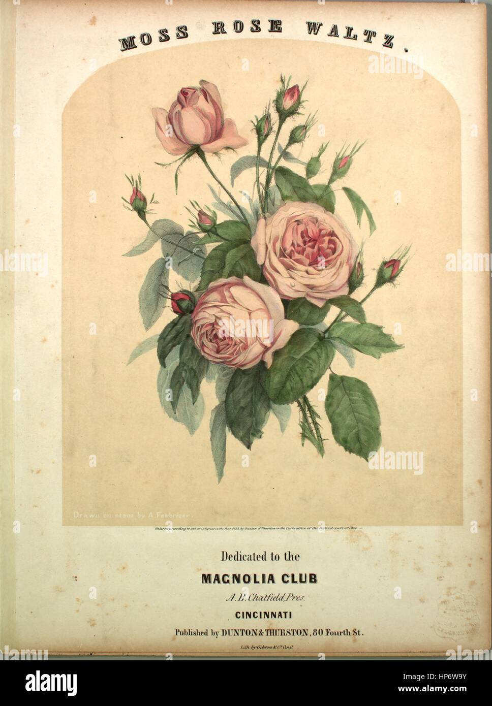 Sheet music cover image of the song 'Moss Rose Waltz', with original authorship notes reading 'Arranged by Thos Atkins', United States, 1853. The publisher is listed as 'Dunton and Thurston, 80 Fourth St.', the form of composition is 'sectional', the instrumentation is 'piano', the first line reads 'None', and the illustration artist is listed as 'Drawn on stone by A. Forbriger; Lith. by Gibson and Co. Cin. O.'. Stock Photo