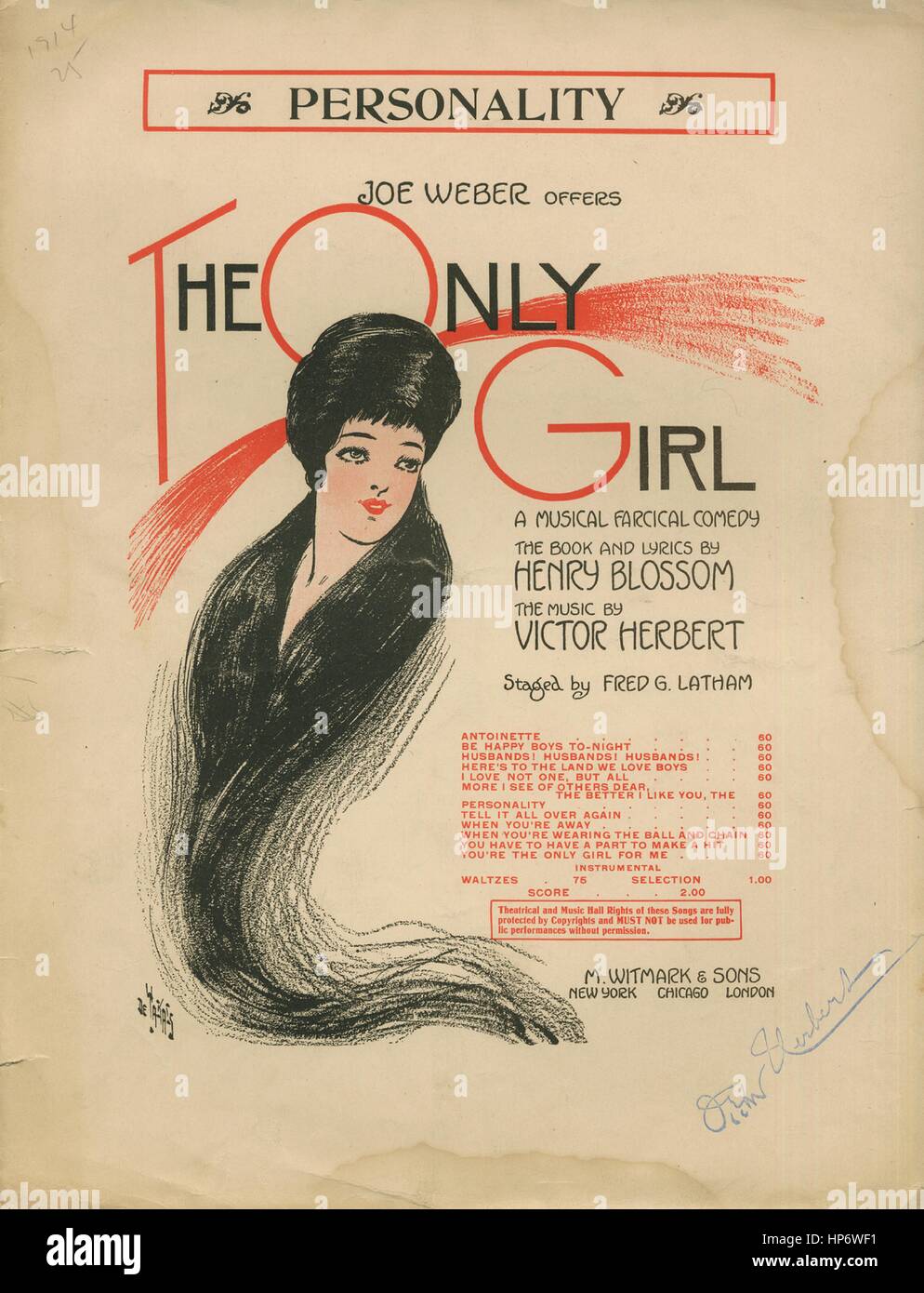 Sheet music cover image of the song 'Personality  (Patsy and Girls)', with original authorship notes reading 'The Book and Lyrics by Henry Blossom Music by Victor Herbert', United States, 1914. The publisher is listed as 'M. Witmark and Sons', the form of composition is 'strophic with refrain (and dance)', the instrumentation is 'piano and voice', the first line reads 'Some people call 'acting' a labor exacting and they pull this tiresome 'highbrow' stuff! First line of refrain There's ev'rything in personal appearance!', and the illustration artist is listed as 'None'. Stock Photo