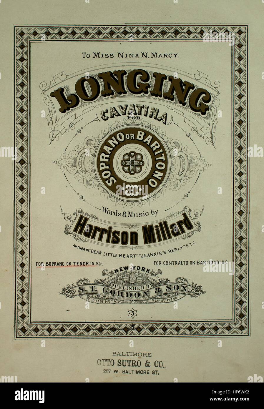 Sheet music cover image of the song 'Longing Cavatina (Anelando!)', with original authorship notes reading 'Words and Music by Harrison Millard Italian translation by Sig R Prati', United States, 1870. The publisher is listed as 'S.T. Gordon and Son, No. 13 East 14th St.', the form of composition is 'sectional', the instrumentation is 'piano and voice', the first line reads 'When night's soft o'er all is closing', and the illustration artist is listed as 'Oakes and Clayton, N.Y.'. Stock Photo