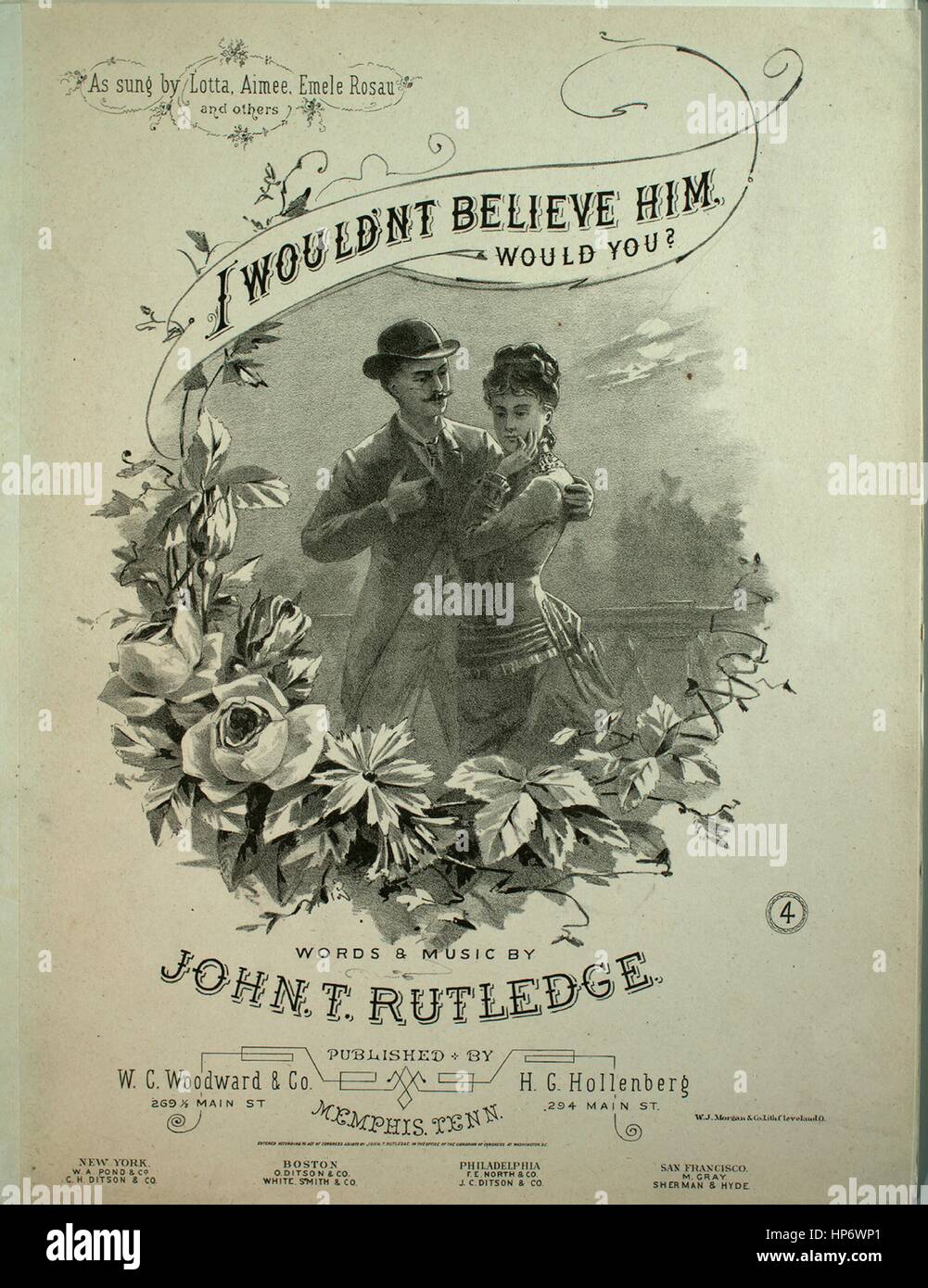 Sheet music cover image of the song 'I Wouldn't Believe Him, Would You?', with original authorship notes reading 'Words and Music by John T Rutledge', 1879. The publisher is listed as 'W.C. Woodward and Co., 269 1/2 Main St.', the form of composition is 'strophic', the instrumentation is 'piano and voice', the first line reads 'He stood by my side in the pale of the moon, his arm softly twined 'round my waist', and the illustration artist is listed as 'W.J. Morgan and Co. Lith. Cleveland O.'. Stock Photo