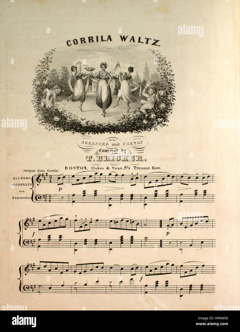 Sheet music cover image of the song 'Corrila Waltz', with original authorship notes reading 'Arranged and Partly Composed by T Bricher', United States, 1900. The publisher is listed as 'Oakes and Swan, 8 1/2 Tremont Row', the form of composition is 'sectional', the instrumentation is 'piano', the first line reads 'None', and the illustration artist is listed as 'None'. Stock Photo