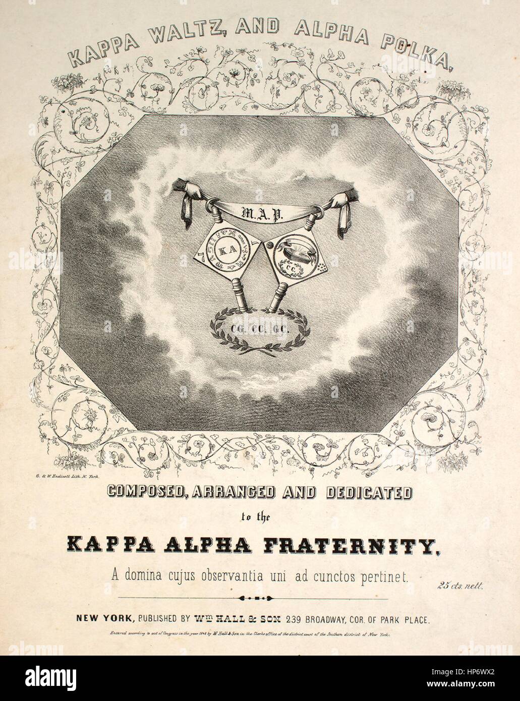 Sheet music cover image of the song 'Kappa Waltz, and Alpha Polka', with  original authorship notes reading 'na', United States, 1848. The publisher  is listed as 'Wm. Hall and Son, 239 Broadway,