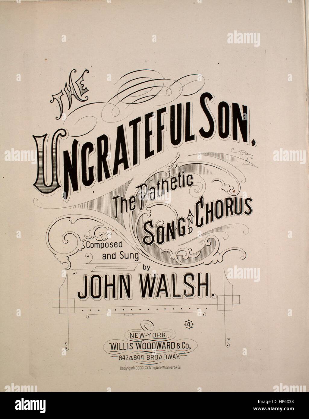 Sheet music cover image of the song 'The Ungrateful Son The Pathetic Song and Chorus', with original authorship notes reading 'Composed by John Walsh', United States, 1886. The publisher is listed as 'Willis Woodward and Co., 842 and 844 Broadway', the form of composition is 'strophic with chorus', the instrumentation is 'piano and voice (solo and satb chorus)', the first line reads 'A poor old man of seventy and his wife of sixty-two, one night in winter when the snow fell fast', and the illustration artist is listed as 'None'. Stock Photo