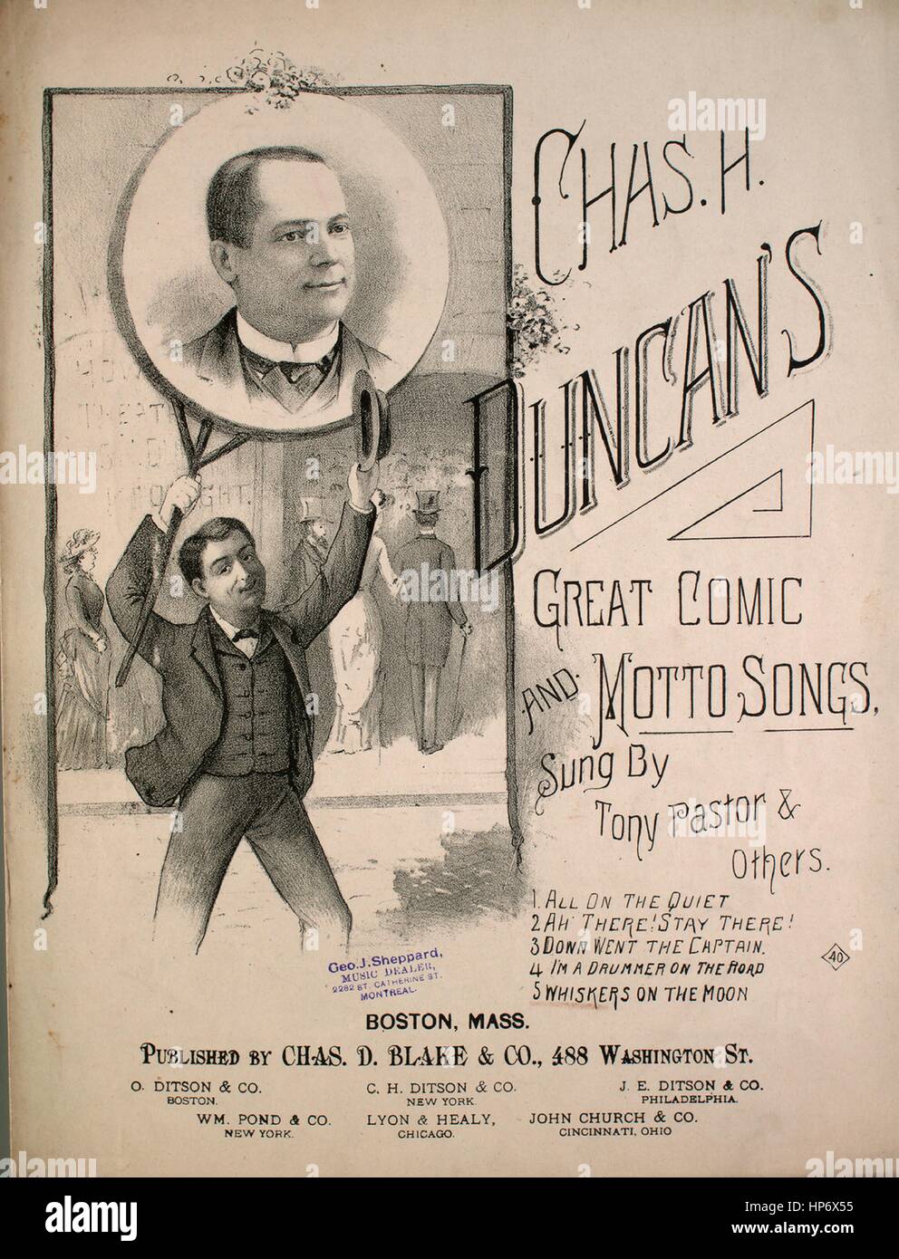 Sheet music cover image of the song 'Chas H Duncan's Great Comic and Motto Songs No 5 Whiskers on the Moon A Song of the Day', with original authorship notes reading 'Words by Frank N Scott Music by Geo Arlington', United States, 1884. The publisher is listed as 'Chas. D. Blake and Co., 488 Washington St.', the form of composition is 'strophic', the instrumentation is 'piano and voice', the first line reads 'This world's a very funny spot it's filled with 'crooks and cranks'', and the illustration artist is listed as 'None'. Stock Photo