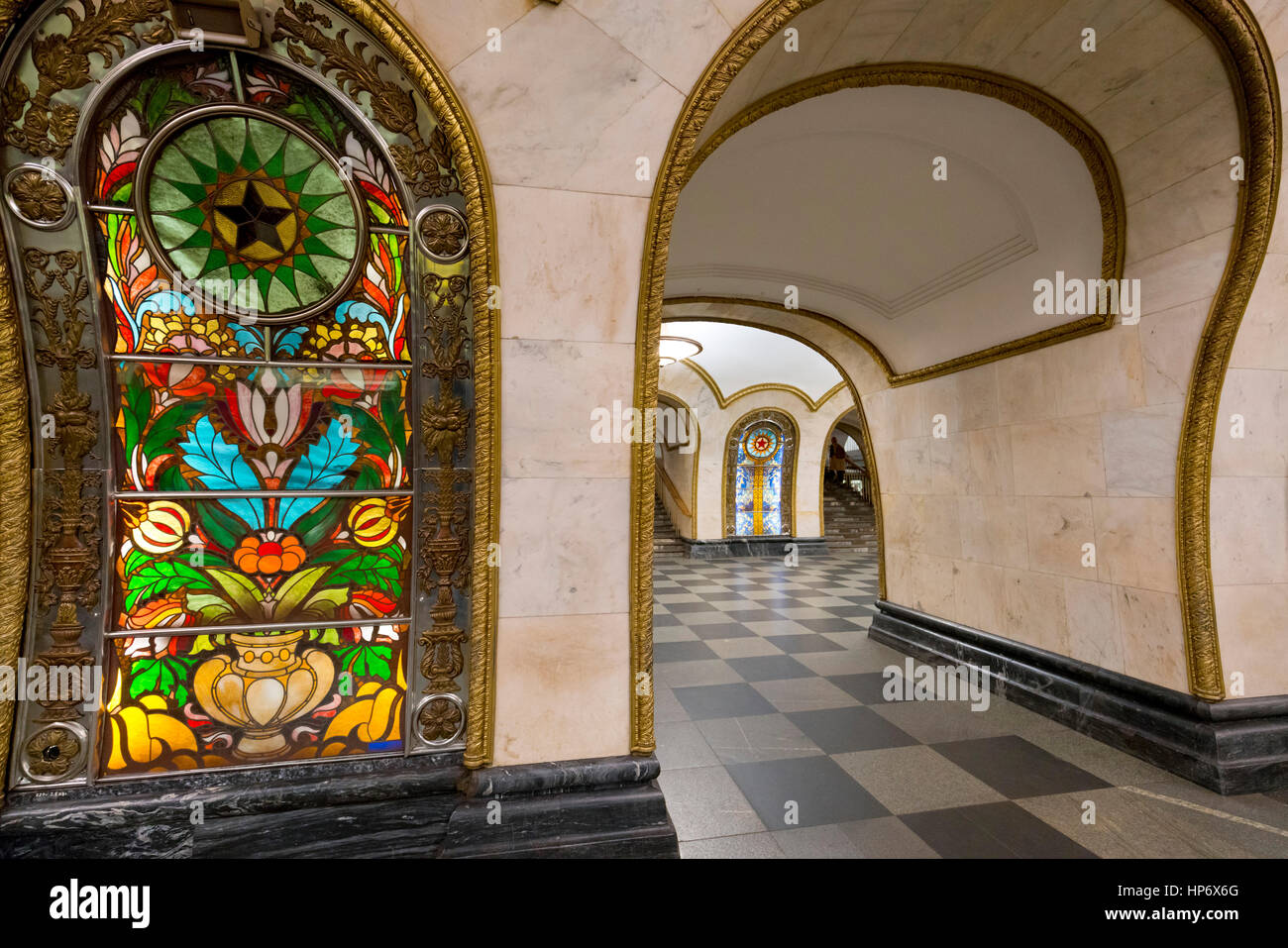 Interior of the Novoslobodskaya Metro Station, Moscow, Russian Federation Stock Photo