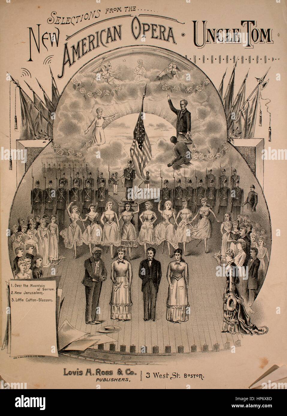 Sheet music cover image of the song 'Selections from the New American Opera Uncle Tom', with original authorship notes reading 'Libretto by Dexter Smith Music by Geo Lowell Tracy', United States, 1887. The publisher is listed as 'Louis H. Ross and Co.', the form of composition is 'sectional', the instrumentation is 'piano and voice', the first line reads 'There is a new Jerusalem, up yonder in the sky', and the illustration artist is listed as 'Geo. H. Walker and Co. Lith. Boston'. Stock Photo