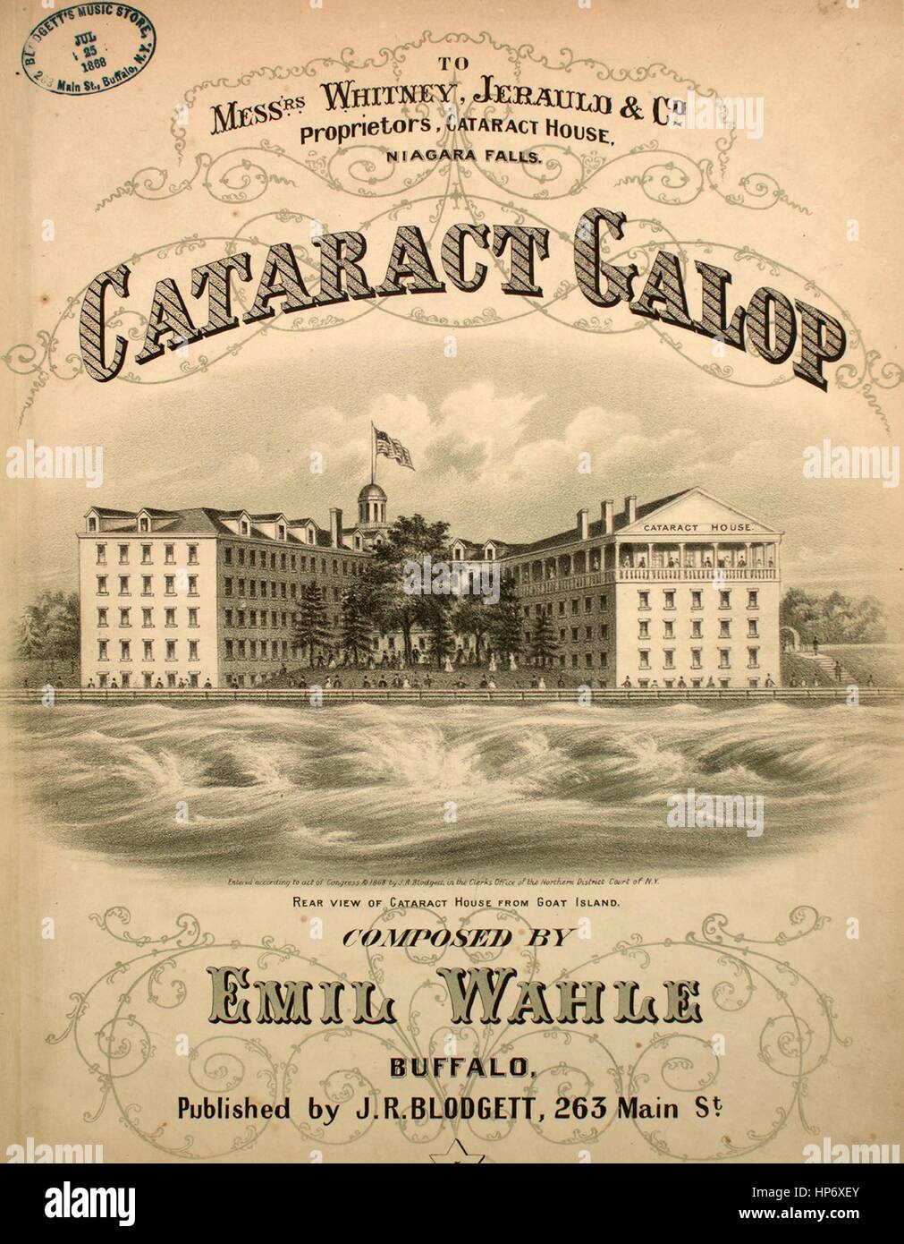 Sheet music cover image of the song 'Cataract Galop', with original authorship notes reading 'Composed by Emil Wahle', 1868. The publisher is listed as 'J.R. Blodgett, 263 Main St.', the form of composition is 'da capo with trio', the instrumentation is 'piano', the first line reads 'None', and the illustration artist is listed as 'The Sage, Sons and Co. Lith. Print and Man'fg Co., Buffalo, N.Y.'. Stock Photo