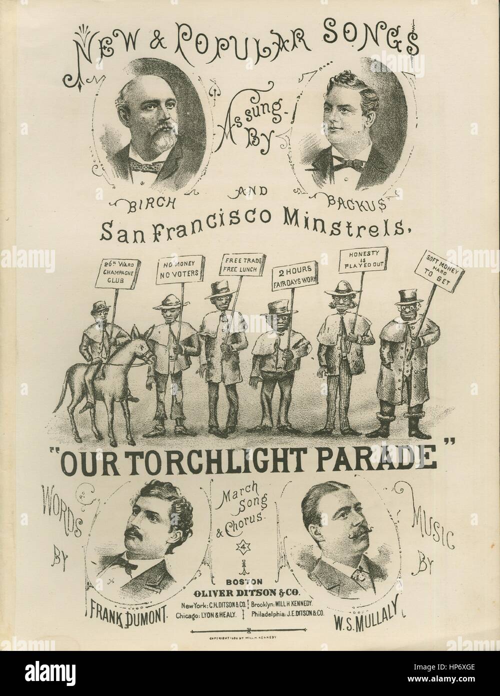 Sheet music cover image of the song ''Our Torchlight Parade' March Song and Chorus', with original authorship notes reading 'Words by Frank Dumont Music by WS Mullaly', United States, 1880. The publisher is listed as 'Oliver Ditson and Co.', the form of composition is 'strophic with chorus', the instrumentation is 'piano and voice', the first line reads 'We don't belong to either side, We're neutrals, one and all', and the illustration artist is listed as 'None'. Stock Photo