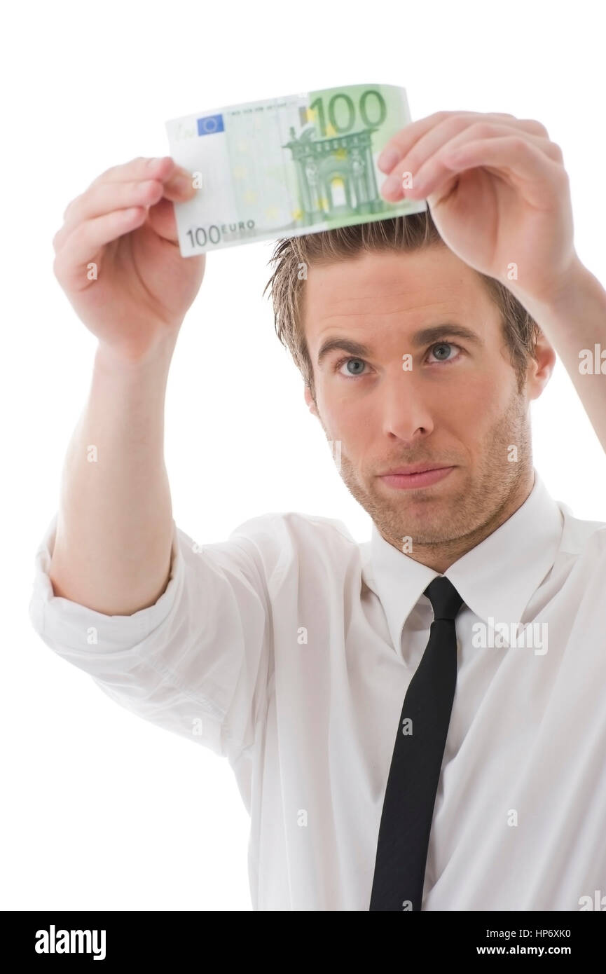 Geschaeftsmann prueft Geldschein - businessman checkes euro banknote Stock Photo