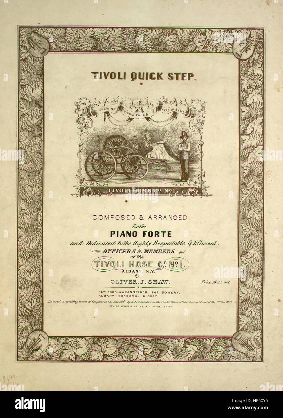 Sheet music cover image of the song 'Tivoli Quick Step', with original authorship notes reading 'Composed and Arranged for the Piano Forte by Oliver Shaw', United States, 1847. The publisher is listed as 'A.A. Van Gelder, 268 Bowery', the form of composition is 'sectional', the instrumentation is 'piano', the first line reads 'None', and the illustration artist is listed as 'Lith. of Lewis and Brown 272 Pearl St. N.Y.'. Stock Photo
