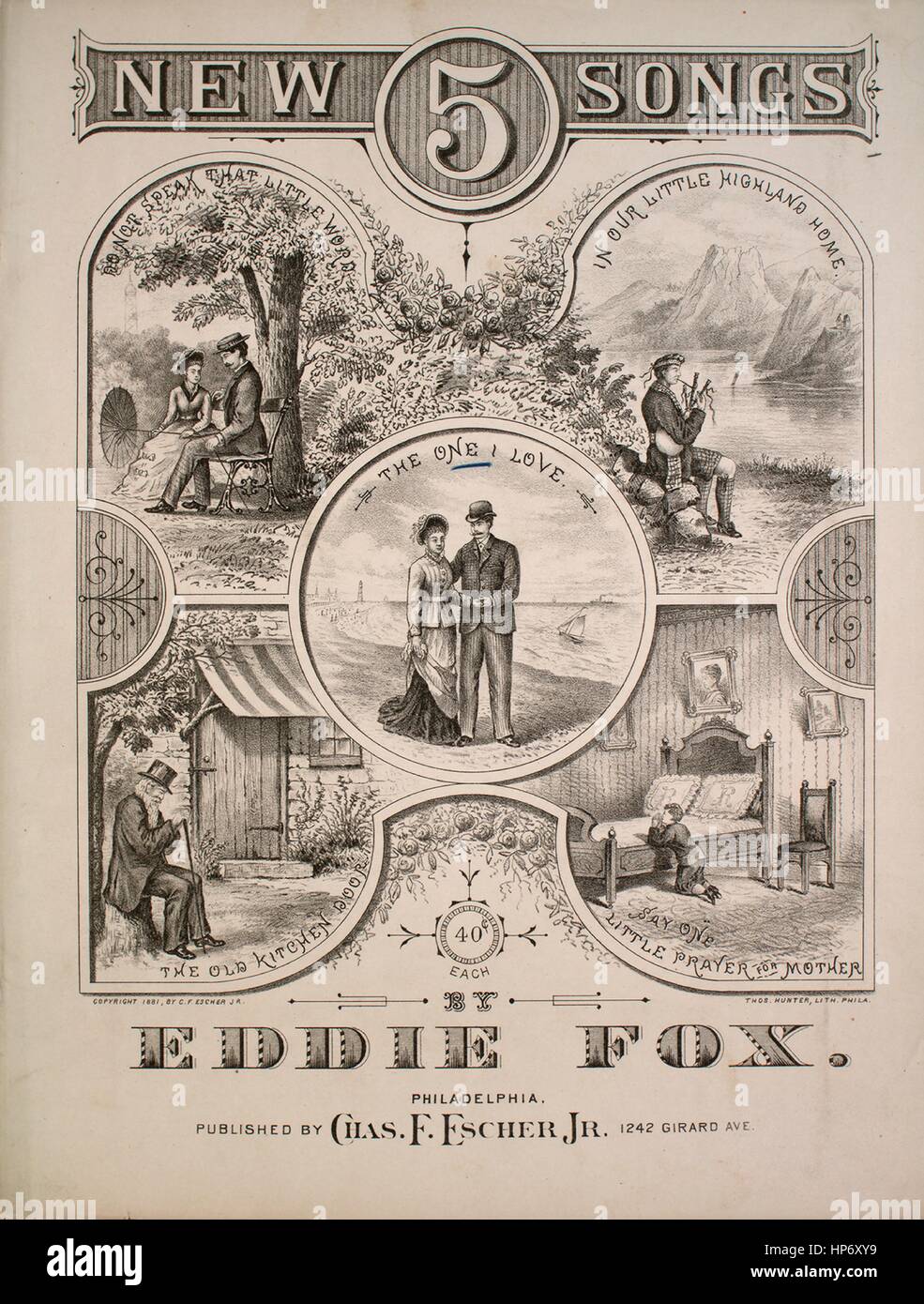 Sheet music cover image of the song '5 New Songs The One I Love Waltz Song', with original authorship notes reading 'By Eddie Fox', United States, 1881. The publisher is listed as 'Chas. F. Escher, Jr., 1242 Girard Ave.', the form of composition is 'strophic with chorus', the instrumentation is 'piano and voice (solo and satb chorus)', the first line reads 'Dear little Jennie, love of my heart, kiss me good-bye for now we must part', and the illustration artist is listed as 'Thos. Hunter, Lith. Phila.'. Stock Photo