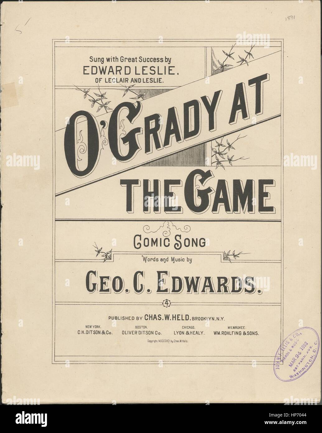 Sheet music cover image of the song 'O'Grady at the Game Comic Song', with original authorship notes reading 'Words and Music by Geo C Edwards', 1891. The publisher is listed as 'Chas. W. Held', the form of composition is 'strophic with chorus', the instrumentation is 'piano and voice', the first line reads 'A friend of mine, O'Grady, came from far across the sea', and the illustration artist is listed as 'Hounslow N.Y.'. Stock Photo