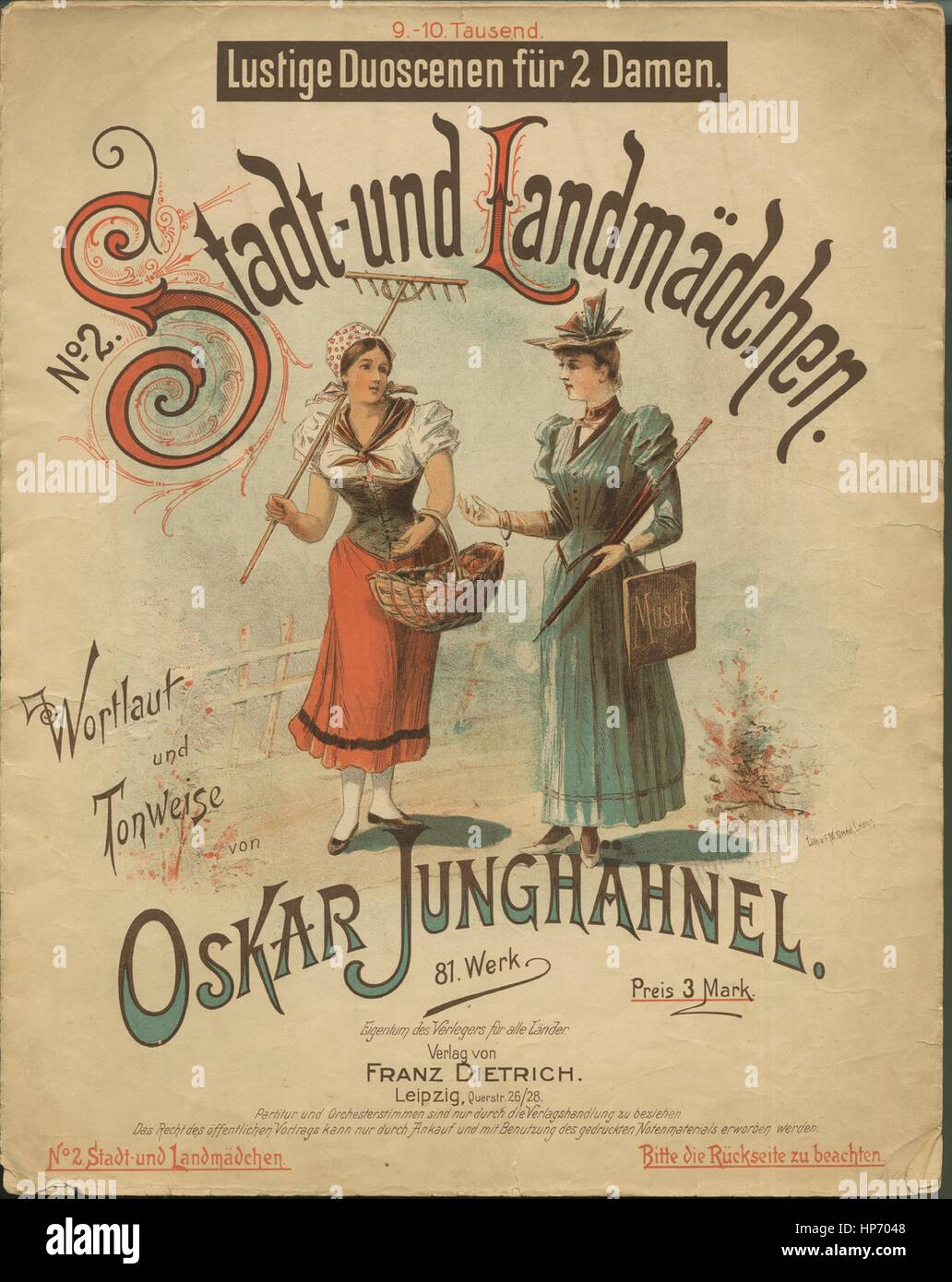 Sheet music cover image of the song 'No 2 Stadt-und Landmadchen Lustige Duoscenen fur 2 Damen', with original authorship notes reading 'Wortlaut und tonweise von Oskar Junghahnel', 1900. The publisher is listed as 'Franz Dietrich, Querstr. 26/28', the form of composition is 'sectional', the instrumentation is 'piano and voice', the first line reads 'Herrlich ist's am fruhen Morgan, auf dem Land in Feld und Flur', and the illustration artist is listed as 'Lith. v. F.M. Geidel, Leipzig'. Stock Photo