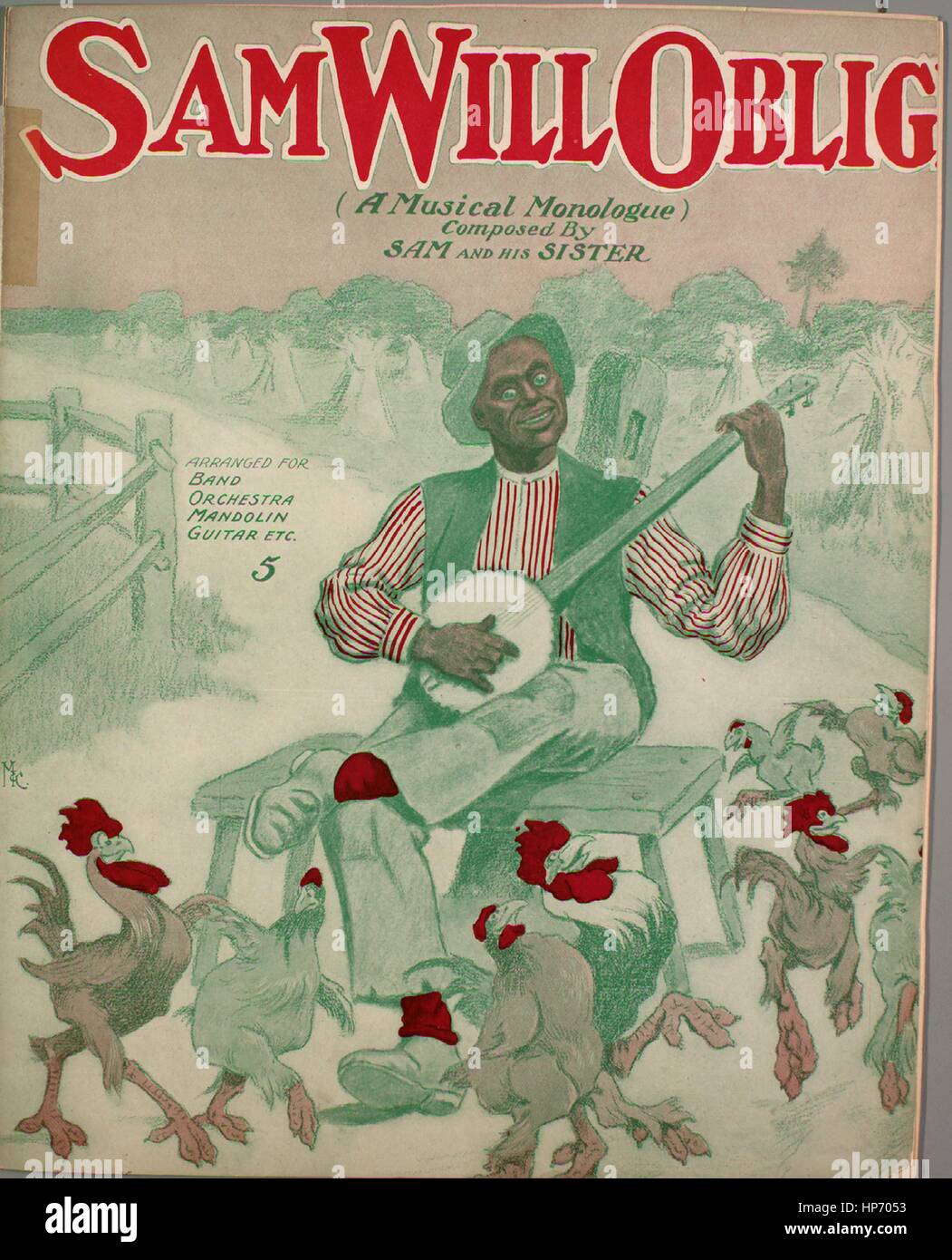 Sheet music cover image of the song 'Sam Will Oblige (A Musical Monolugue)', with original authorship notes reading 'Composed by Sam and His Sister', United States, 1900. The publisher is listed as 'Edwin S. Brill?]', the form of composition is 'sectional [with descriptive captions, e.g., 'Don't dem harmonious strains done tickle yo' feet']', the instrumentation is 'piano', the first line reads 'None', and the illustration artist is listed as 'M and C'. Stock Photo