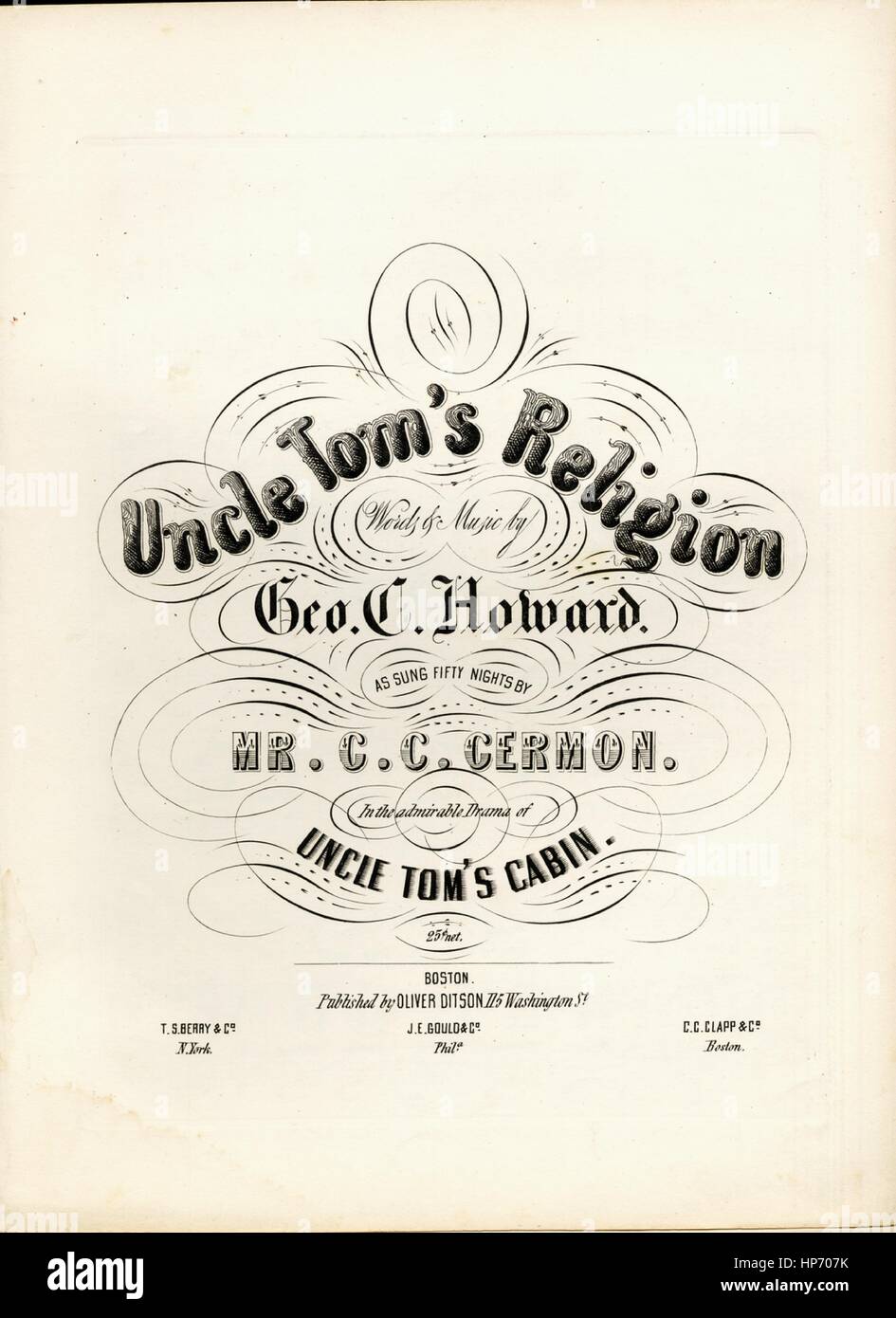 Sheet music cover image of the song 'Uncle Tom's Religion', with original authorship notes reading 'Words and Music by Geo C Howard', United States, 1900. The publisher is listed as 'Oliver Ditson, 115 Washington St.', the form of composition is 'strophic with chorus', the instrumentation is 'piano and voice', the first line reads 'From away from wife and children, still I plod my way along', and the illustration artist is listed as 'None'. Stock Photo
