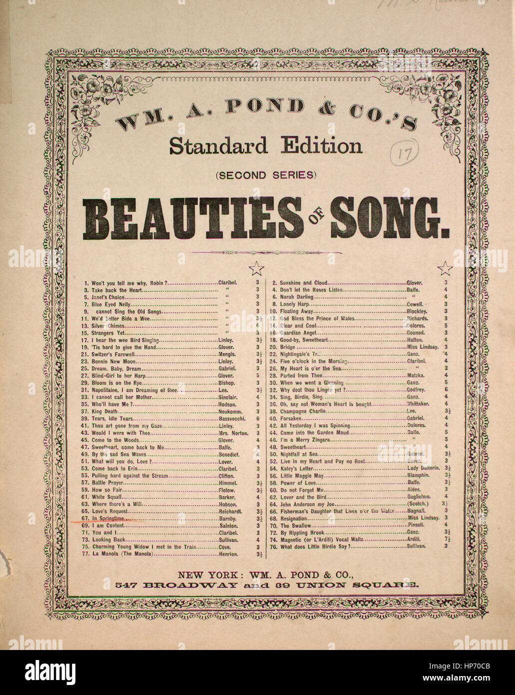 Sheet music cover image of the song 'Wm A Pond and Co's Standard Edition (Second Series) Beauties of Song 67 In Springtime', with original authorship notes reading 'J Barnby', United States, 1900. The publisher is listed as 'Wm. A. Pond and Co.', the form of composition is 'strophic', the instrumentation is 'piano and voice', the first line reads 'When early blossoms deck the spring, and nature's face looks gay', and the illustration artist is listed as 'None'. Stock Photo