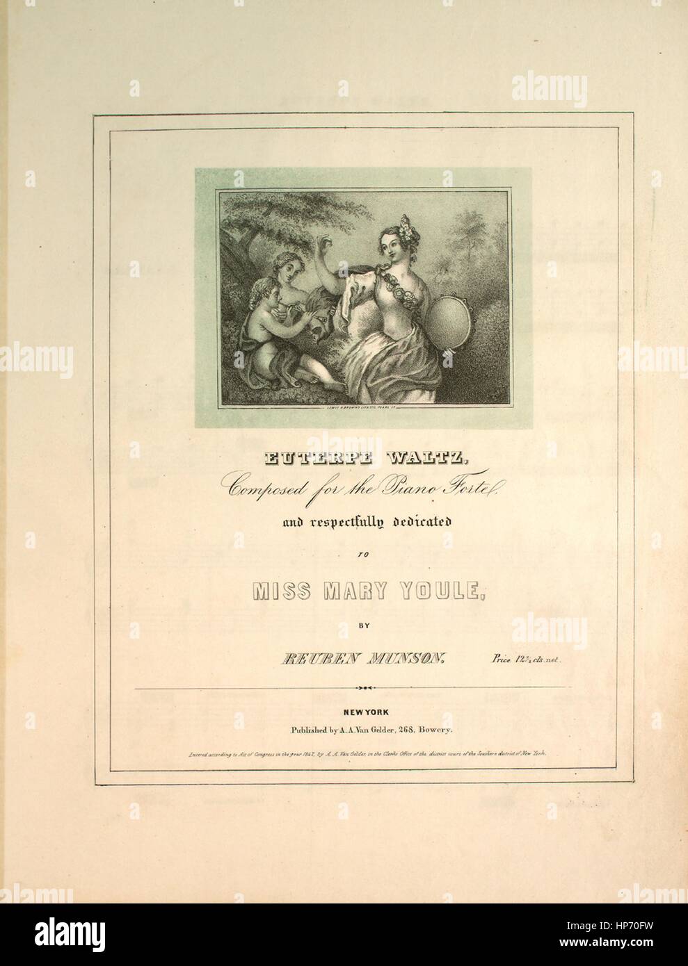 Sheet music cover image of the song 'Euterpe Waltz', with original authorship notes reading 'Composed for the Piano Forte by Reuben Munson', United States, 1847. The publisher is listed as 'A.A. Van Gelder, 268 Bowery', the form of composition is 'sectional', the instrumentation is 'piano', the first line reads 'None', and the illustration artist is listed as 'Lewis and Brown's Lith. 272 Pearl St.'. Stock Photo