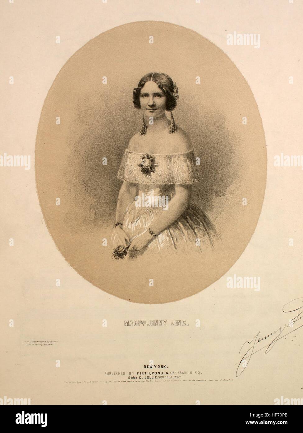 Sheet music cover image of the song 'I Can But Weep (To Mussich Weinen Bitterlich) [English and German]', with original authorship notes reading 'The Music by Robert Schumann', United States, 1850. The publisher is listed as 'Firth, Pond and Co., 1 Franklin Sq.', the form of composition is 'strophic', the instrumentation is 'piano and voice', the first line reads 'When looking on thine azure eyes, how swiftly ev'ry trouble flew', and the illustration artist is listed as 'From a Daguerreotype by Root; Lith. of Sarony, New York; Quidor Engvr.'. Stock Photo