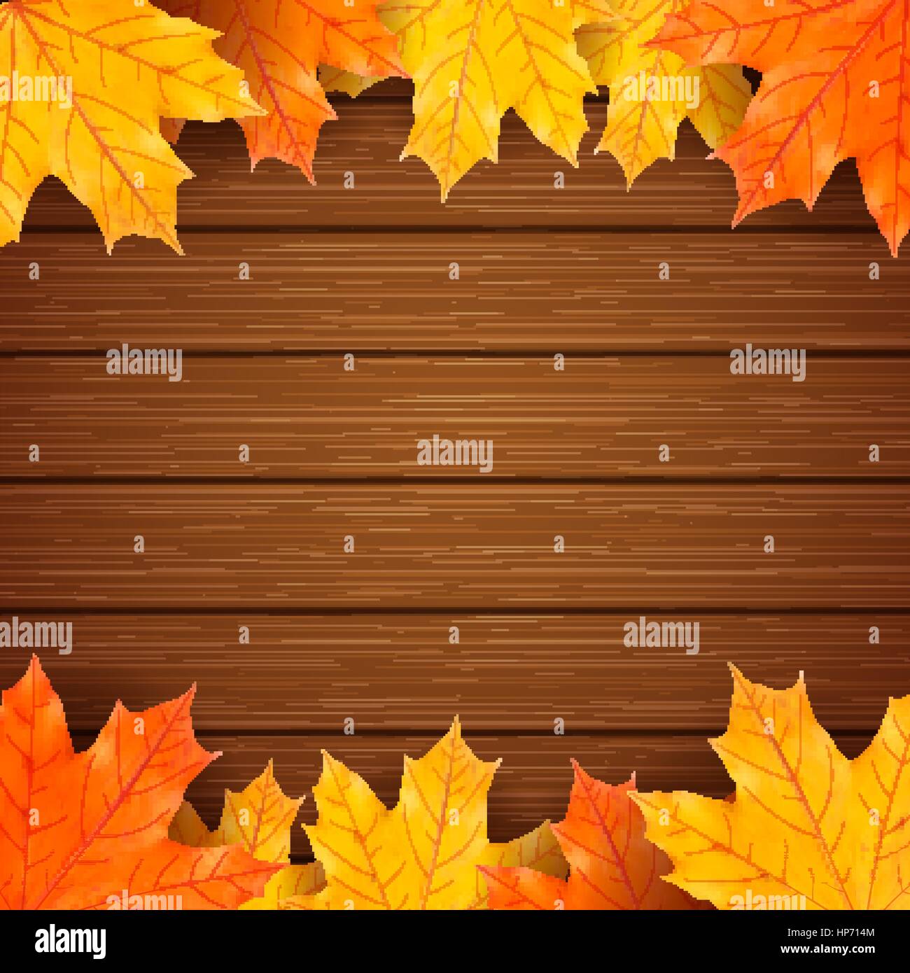 Autumn maples leaves on vector wooden background with copy space Stock Vector