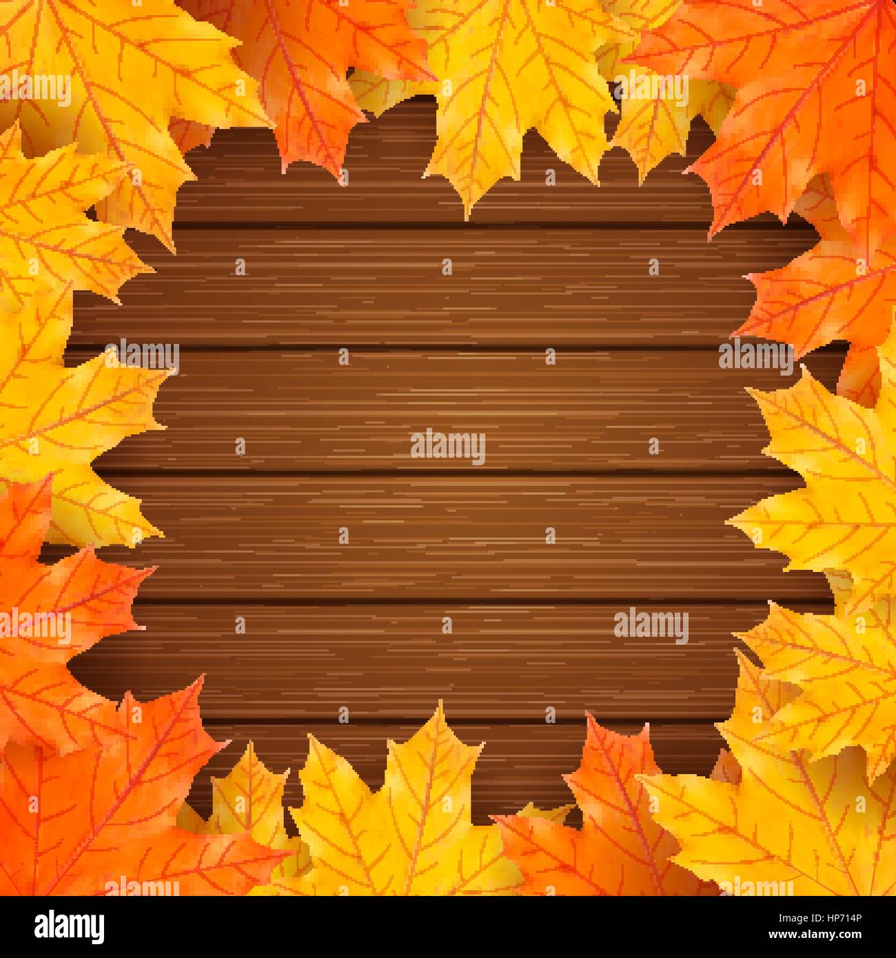 Autumn vector background with realistic maple leaves on wooden board Stock Vector