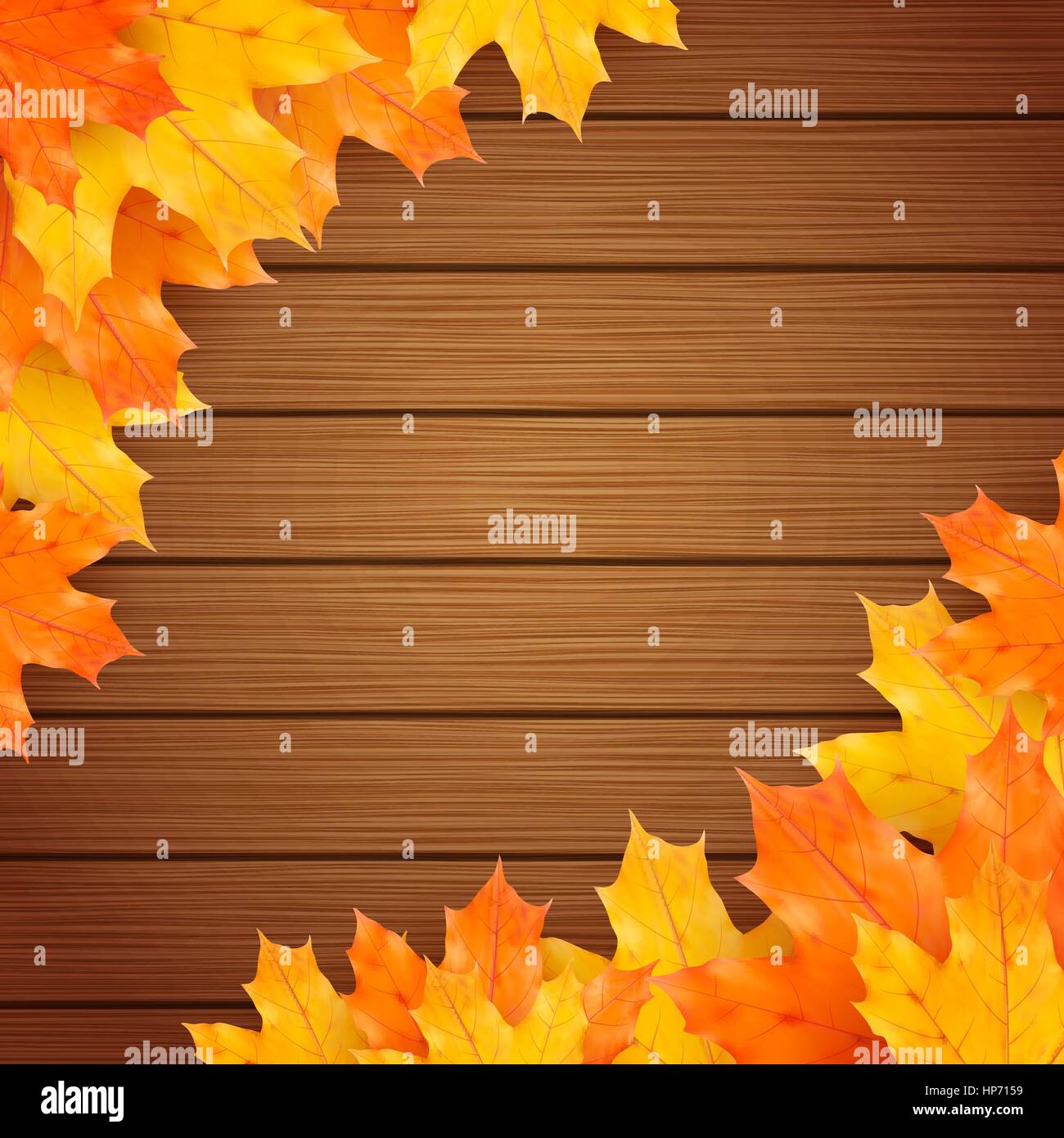Autumn vector background with realistic maples leaves on wooden board Stock Vector