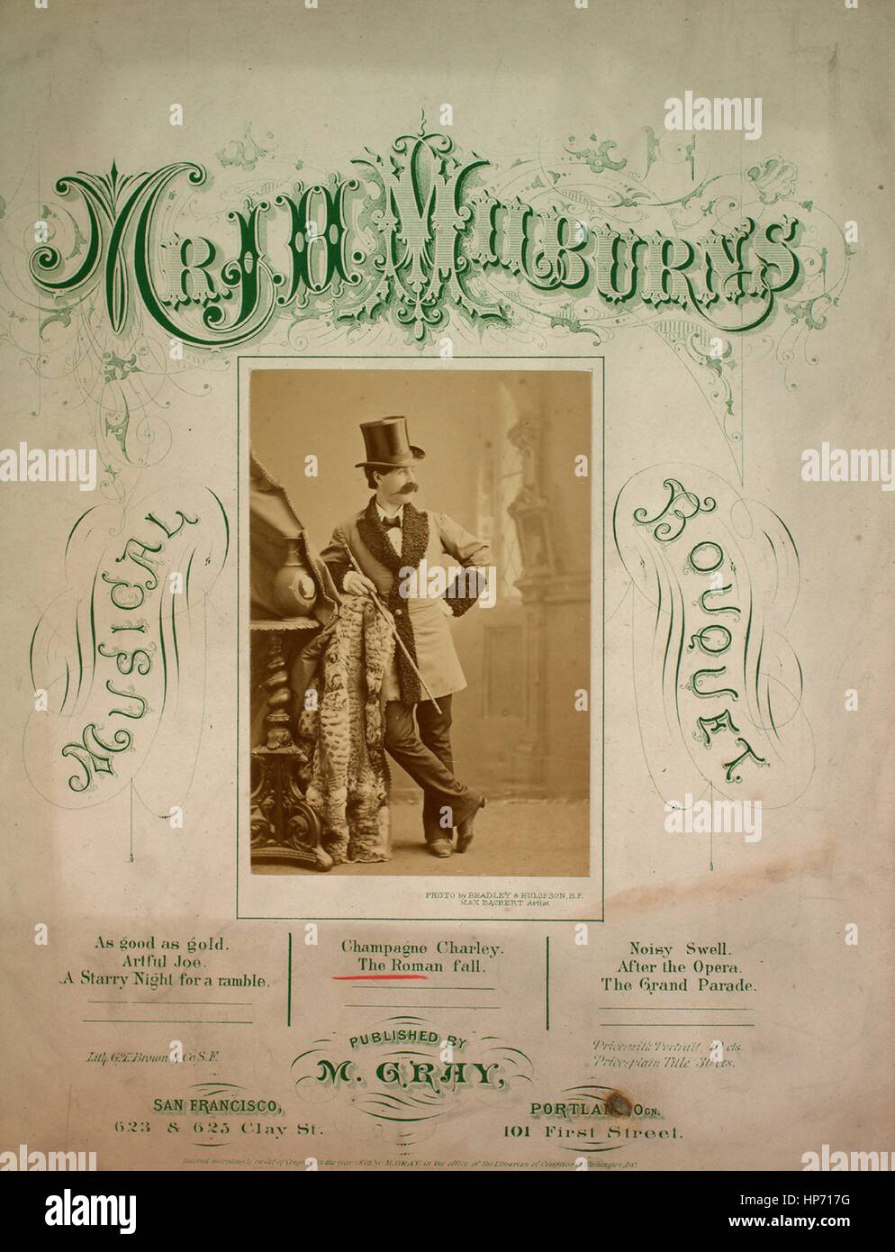 Sheet music cover image of the song 'Mr HH Milburn's Musical Bouquet The Roman Fall', with original authorship notes reading 'Music by Alfred Lee By Geo T Evans', United States, 1872. The publisher is listed as 'M. Gray, 623 and 628 Clay St.', the form of composition is 'strophic with chorus', the instrumentation is 'piano and voice', the first line reads 'The Grecian Bend for West-end Belles, is thought by Jove the thing', and the illustration artist is listed as 'Photo by Bradley and Rulofson, S.F.; Max Bachert Artist; Lith. G.F. Brown and Co. S.F.'. Stock Photo