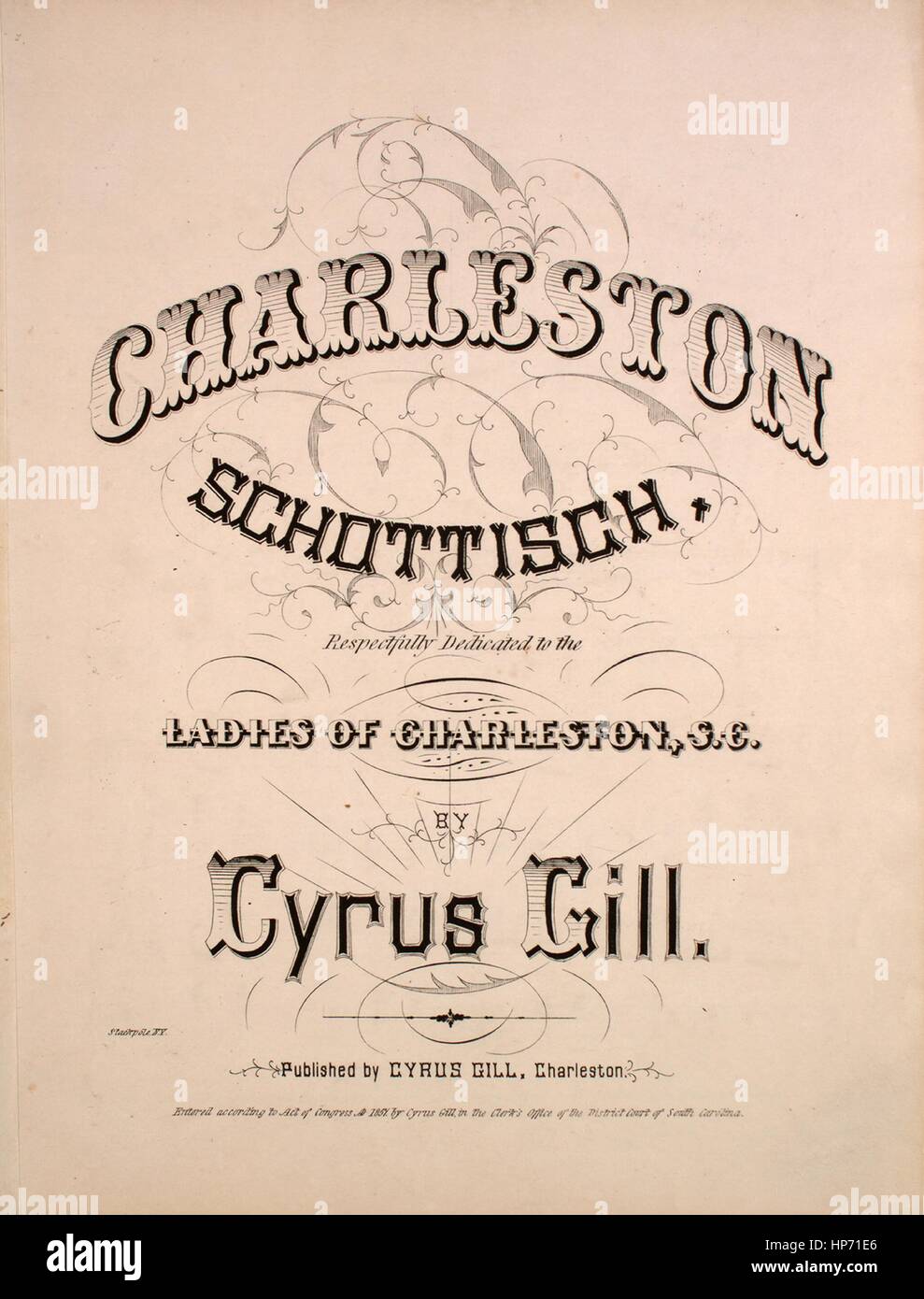 Sheet music cover image of the song 'Charleston Schottisch', with original authorship notes reading 'By Cyrus Gill', 1857. The publisher is listed as 'Cyrus Gill', the form of composition is 'da capo', fillable-form-da-1599-edit-sign-download-in-pdf-pdfrun